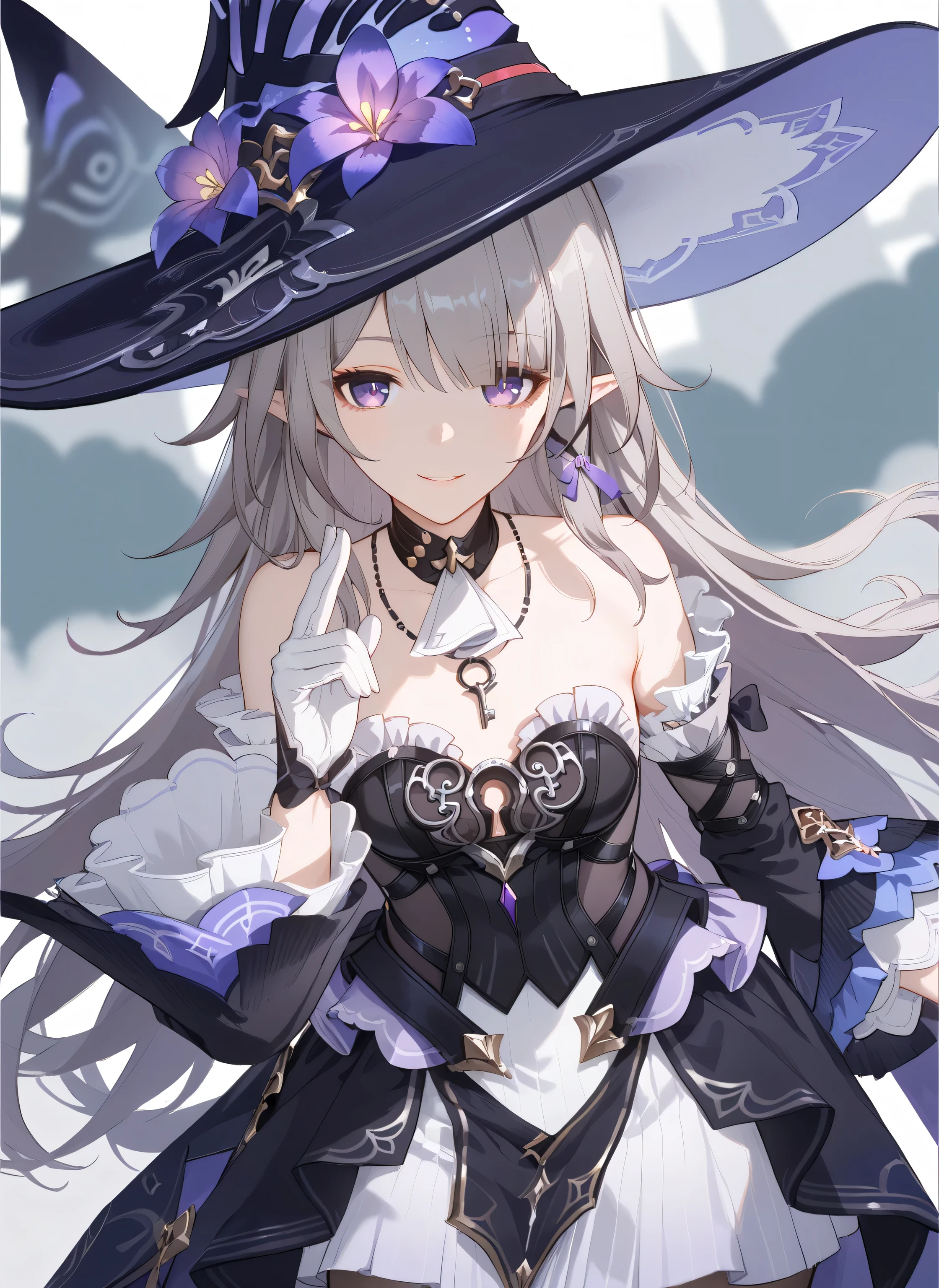 The Herta,the herta \(honkai star rail\), 1girl, hat, solo, leotard, bodystocking, jewelry, frills, black leotard, witch hat, black headwear, necklace, black choker, hat flower,score_9,score_8_up,score_7_up,score_6_up, masterpiece,best quality, witch hat,purple eyes,long hair,dress,looking at viewer, extremely close view, pointy ears, purple eyes, (Herta), white gloves, crossing hand gesture, delicate pose, dynamic angle, leaning forward, dutch angle, from side, head tilt, lovely pose, smile, detached sleeves,bare shoulders,breasts,grey hair,cowboy_shot,pantyhose,white_background,key necklace, depth of field,