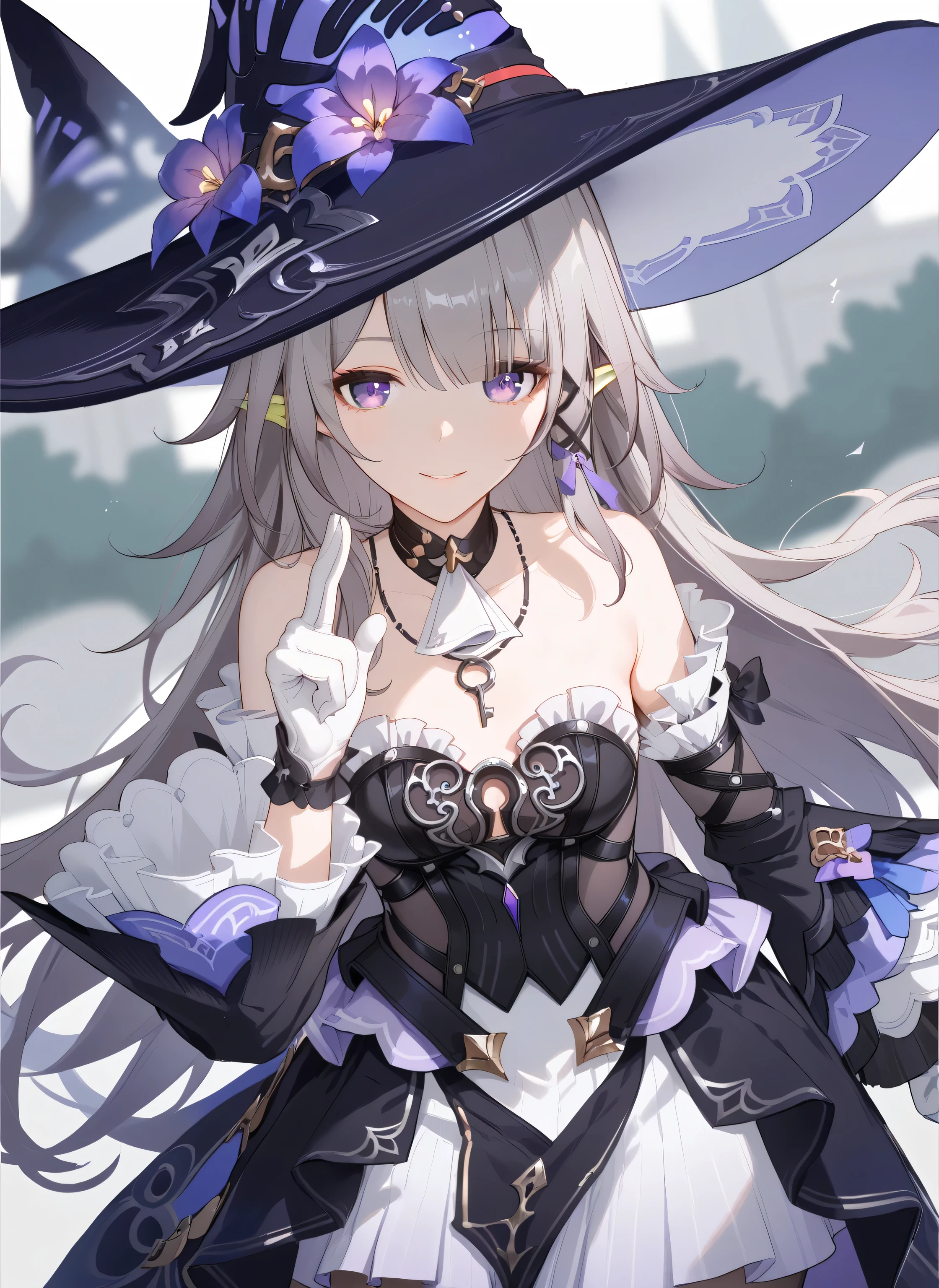 The Herta,the herta \(honkai star rail\), 1girl, hat, solo, leotard, bodystocking, jewelry, frills, black leotard, witch hat, black headwear, necklace, black choker, hat flower,score_9,score_8_up,score_7_up,score_6_up, masterpiece,best quality, witch hat,purple eyes,long hair,dress,looking at viewer, extremely close view, pointy ears, purple eyes, (Herta), white gloves, crossing hand gesture, delicate pose, dynamic angle, leaning forward, dutch angle, from side, head tilt, lovely pose, smile, detached sleeves,bare shoulders,breasts,grey hair,cowboy_shot,pantyhose,white_background,key necklace, depth of field,