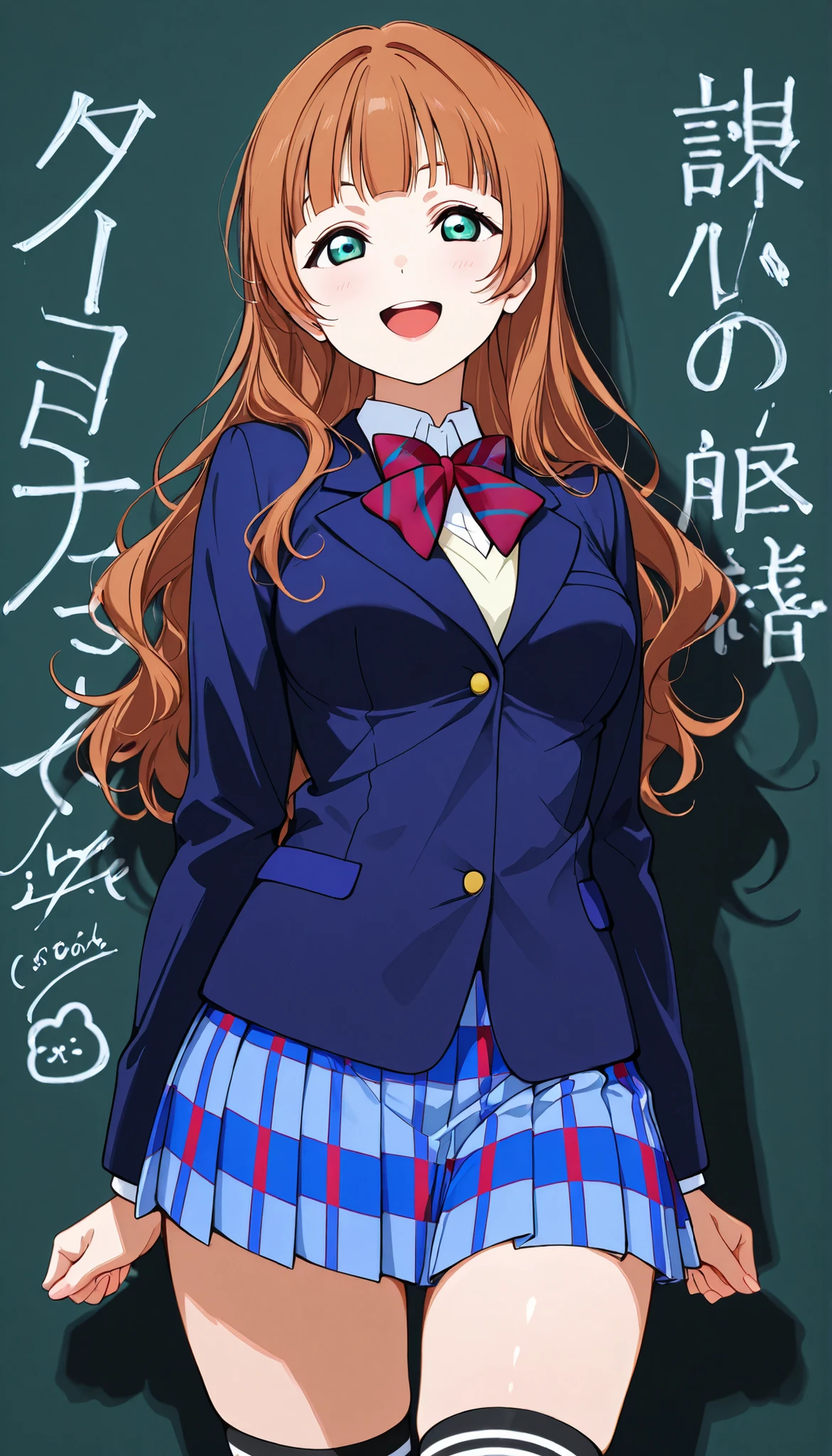 score_9, score_8_up, score_7_up, score_6_up, source_anime ,solo girl, AnjuYuuki,love live! ,brown hair, hime cut,wavy hair , , otonokizaka winter uniform, red striped bow tie, navy blue blazer, blue striped plaid skirt,thigh socks,standing ,cowboy shot,from front,open mouth, smile :d, (1girl), (solo),