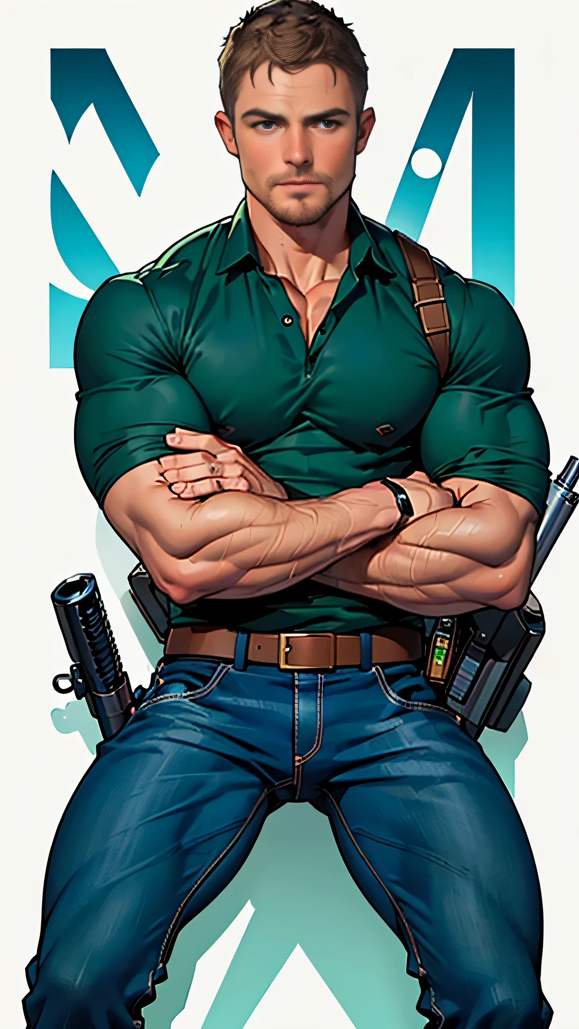 vpl,vpl,1 man, male focus solo,45 yo man, (((Stephen AMELL as private investigator))), lean muscle, open blue shirt, marine blue jeans with brown belt ,( bulge), full body shot, dark blond short hair, BLUE GREEN EYES , well groomed facial hair, (((( HANDS CROSSED , holding TWO guns IN BOTH HANDS LIKE JAMES BOND )))) (((SPREAD LEGS , VERY MANLY APPERANCE ))), ultra high quality, masterpiece, ( ever changing background, blue and white and green arabesques lines in the background)