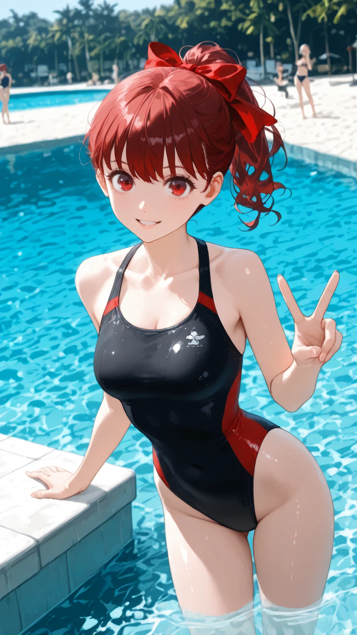 Kasumi Yoshizawa,crose-set eyes:1.3,(tareme:1.2),(Sparking eyes:1.3),(eyes Reflection:1.6),(parted lips),((slender:1.7)),small breasts:1,Highest Quality:1.3,competition swimsuit:1.3,Red hair、Dark Red Eyes:1.3、middle ponytail:1.3、(Red hair bow:1.2),((beautiful eyes:1.3)),beautiful thighs、thin thighs:1.3.((small buttocks:1.3)),slender:1.3,open mouth smile:1.3,Peace Pose:1.2,(((Resort Beach:1.3))),(Light reflected in swimsuits:1.5),(big eyes:1.3),beautiful eyes:1.3,facing the front:1.3,(Blurry Background:1.7),detail hands,Cleavage:1.3