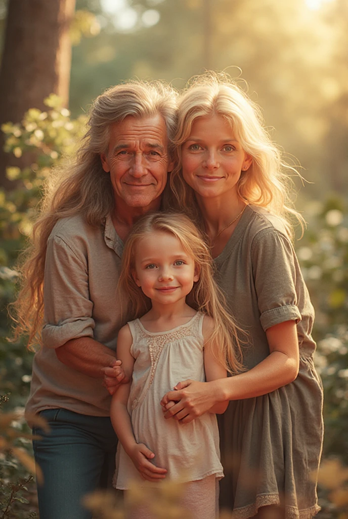 Blonde mother and model father with handsome white hair and blonde daughter with blue eyes short hair and 25 years old 