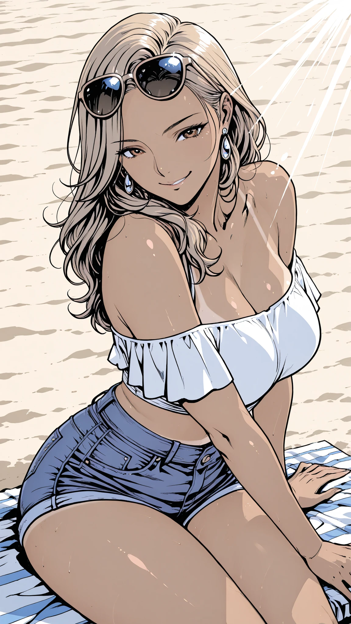 pop illustration style, full color, Flat Color Shading, Anime-Style Illustrations, clean line art,
1girl, Sensual and Attractive Mature Woman, 39 years old, long shiny golden beige hair that emphasizes thighs and wide hips in a loose half-up style, deep tan skin with bold bikini tan lines, wear an off-the-shoulder crop top and tight denim shorts, Sitting on the beach 、back, The thighs and wide hips are emphasized, soft skin creases on the waist and back, with a mischievous smile、Looks back, Large earrings and、stylish sunglasses on their heads, warm sunshine and sand texture