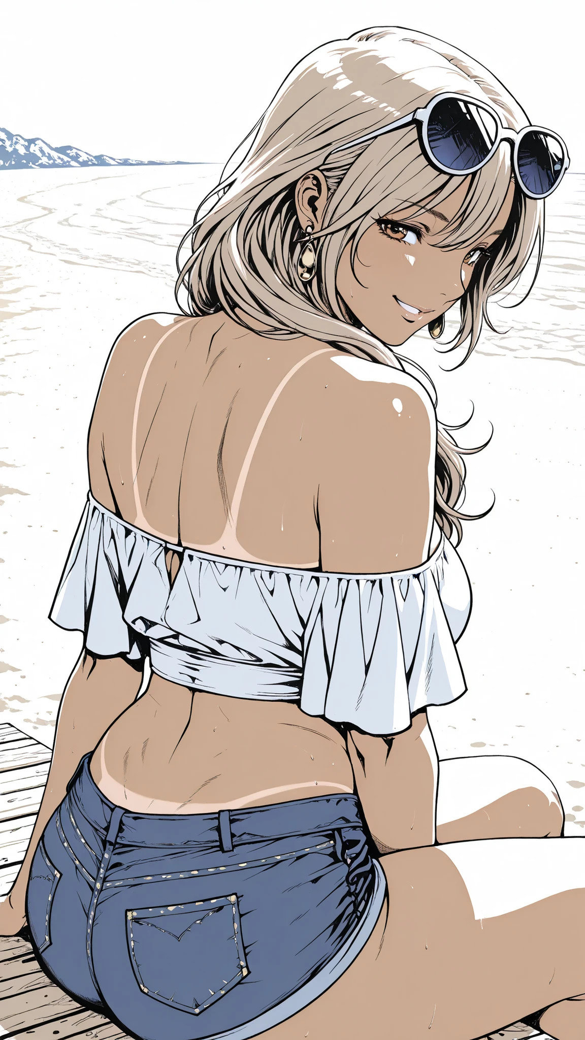 pop illustration style, full color, Flat Color Shading, Anime-Style Illustrations, clean line art,
1girl, Sensual and Attractive Mature Woman, 39 years old, long shiny golden beige hair that emphasizes thighs and wide hips in a loose half-up style, deep tan skin with bold bikini tan lines, wear an off-the-shoulder crop top and tight denim shorts, Sitting on the beach 、back, The thighs and wide hips are emphasized, soft skin creases on the waist and back, with a mischievous smile、Looks back, Large earrings and、stylish sunglasses on their heads, warm sunshine and sand texture