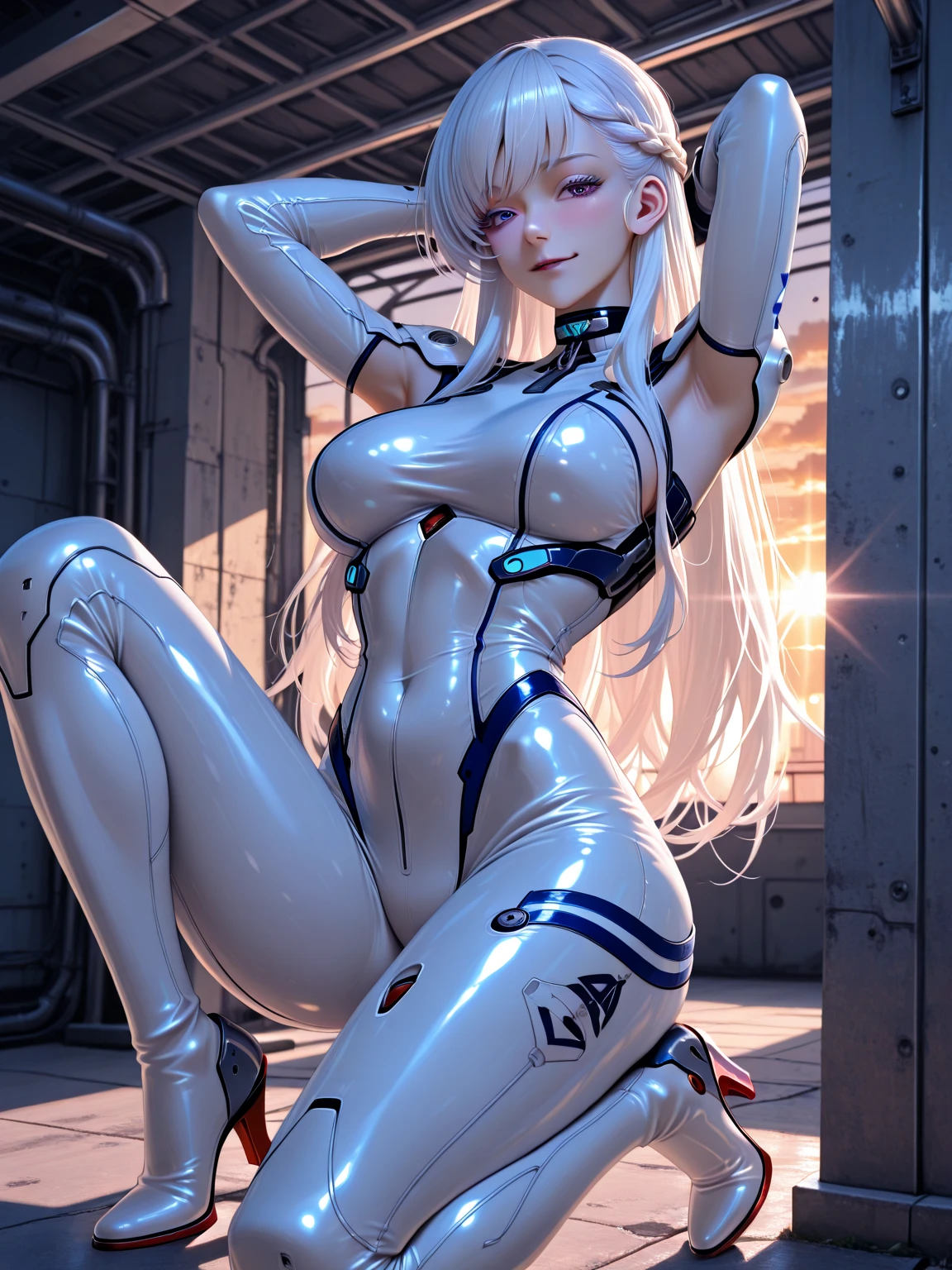 masterpiece, extremely detailed, best quality, 1girl, ((translucent skin):1.3), white , mechanical, full body shot, space, from below, , using red and blue metallic alloys