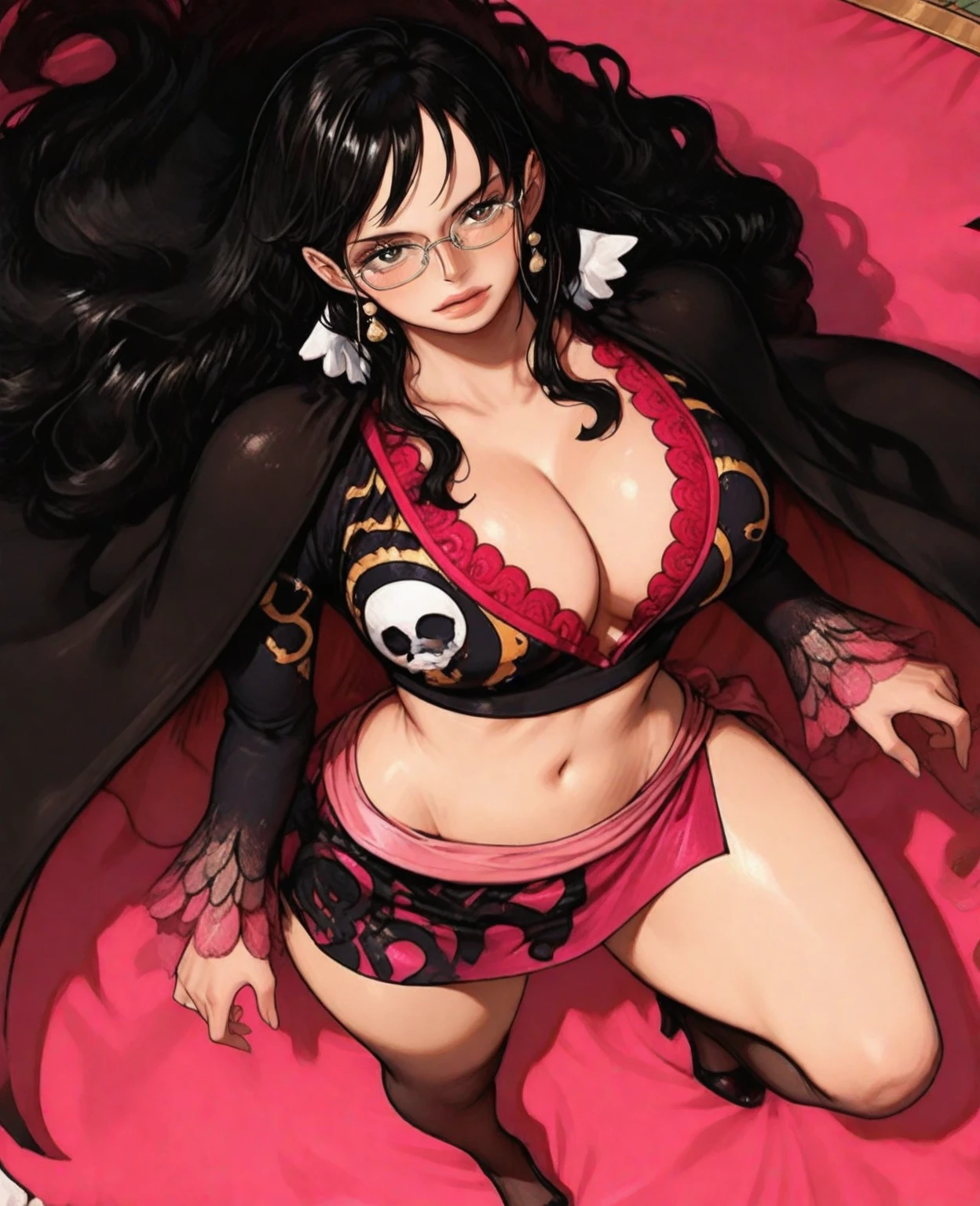 masterpiece, best quality, tashigi, black eyes, hair slicked back, glasses, belly dancer outfit, slave mark, cowboy shot, looking at viewer, , seducing smile, pink coat