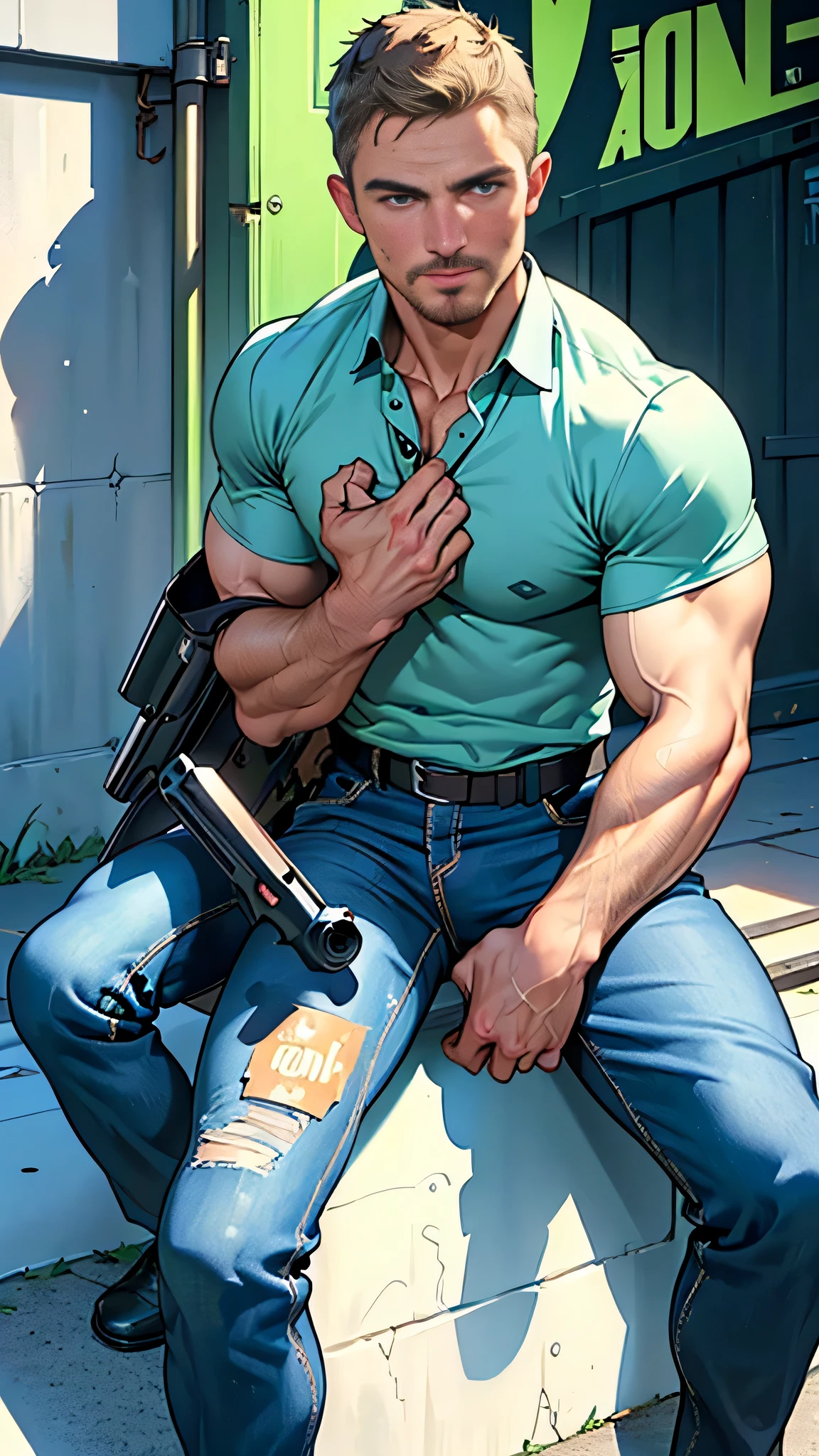 vpl,vpl,1 man, male focus solo,45 yo man, (((Stephen AMELL as private investigator))), lean muscle, open blue shirt, marine blue jeans with brown belt ,( bulge), full body shot, dark blond short hair, BLUE GREEN EYES , well groomed facial hair, (((( HANDS CROSSED , holding TWO guns IN BOTH HANDS LIKE JAMES BOND )))) (((SPREAD LEGS , VERY MANLY APPERANCE ))), ultra high quality, masterpiece, ( ever changing background, blue and white and green arabesques lines in the background)