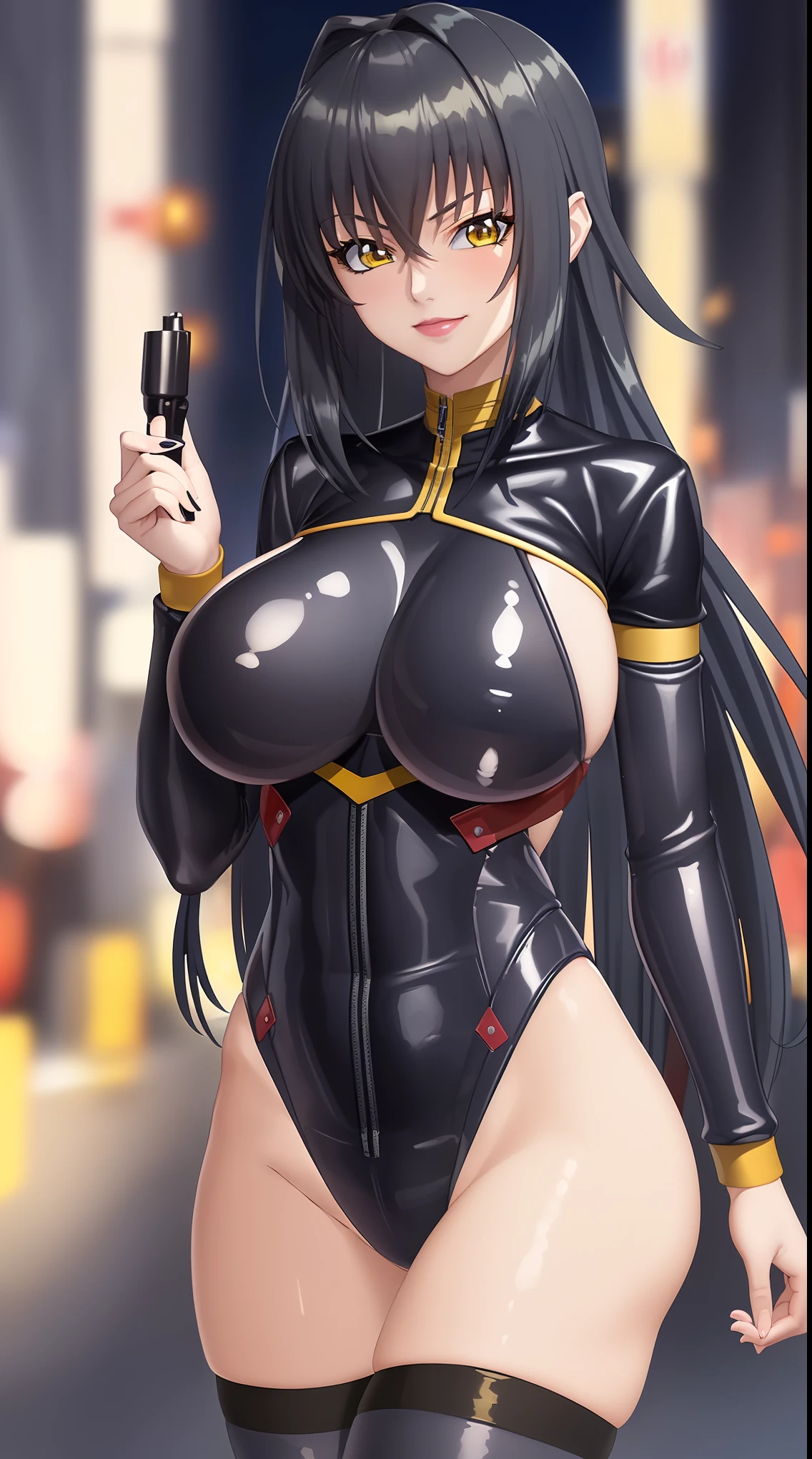 (masterpiece:1.4),(best quality:1.4), beautiful face, beautiful eyes, 1girl, solo, female mature, black hair, long hair, (yellow eyes), large breasts, black latex suit, ((night vibe background)), hair intakes, exquisite eyes detail, exquisite character design details 8k HDR, professional art, landscape, (solo:1.5, 1girl:1.4, cowboy shot:1.5), milf, 35 years old girl, seductive, (looking at viewer, smug), Annerose