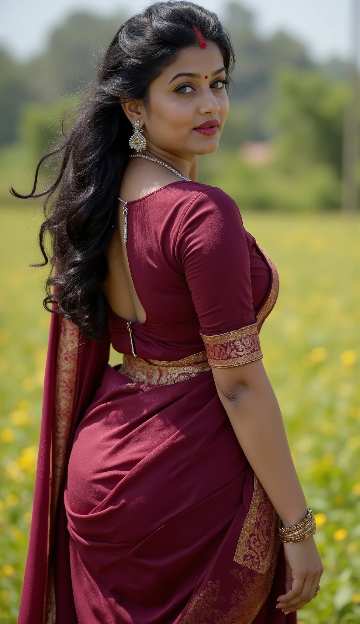 Masterpiece, best quality,back view, woman walking in ground,black hair,turning back toward camera, blue eyes,orgasm face, busty woman,nose rings, free hair, flowers, dark wine blouse, dark wine saree, deep cleavage, mangalsutra,hair full of flowers, sunny lightings,leather wrist watch, red lips, bindi in head, dark eyeliners, black dark eyelashes,bust waist, milf woman,8k intricate details