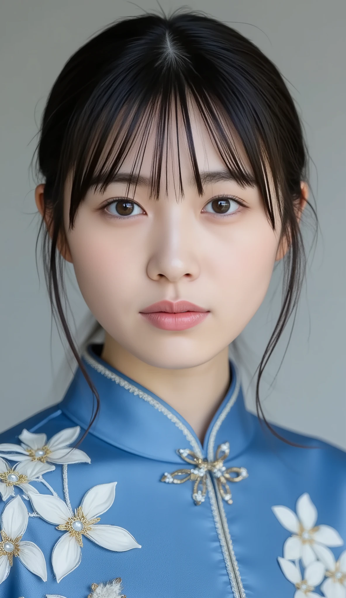 8k、Ultra Precise Rendering、Pictureの品質、 Top quality , Picture, detail eyes、 intricate details ,RAW Picture、natural makeup、Sparkling eyes、cute face、Smile Yan、very white skin、thin waist、blue daffodil, with elaborate and detailed embroidery all over , to reach the climax、Angle to knee、 medium full shot from an oblique front、blue daffodil、 Vietnamese National Clothes ,ランダムな色のblue daffodil