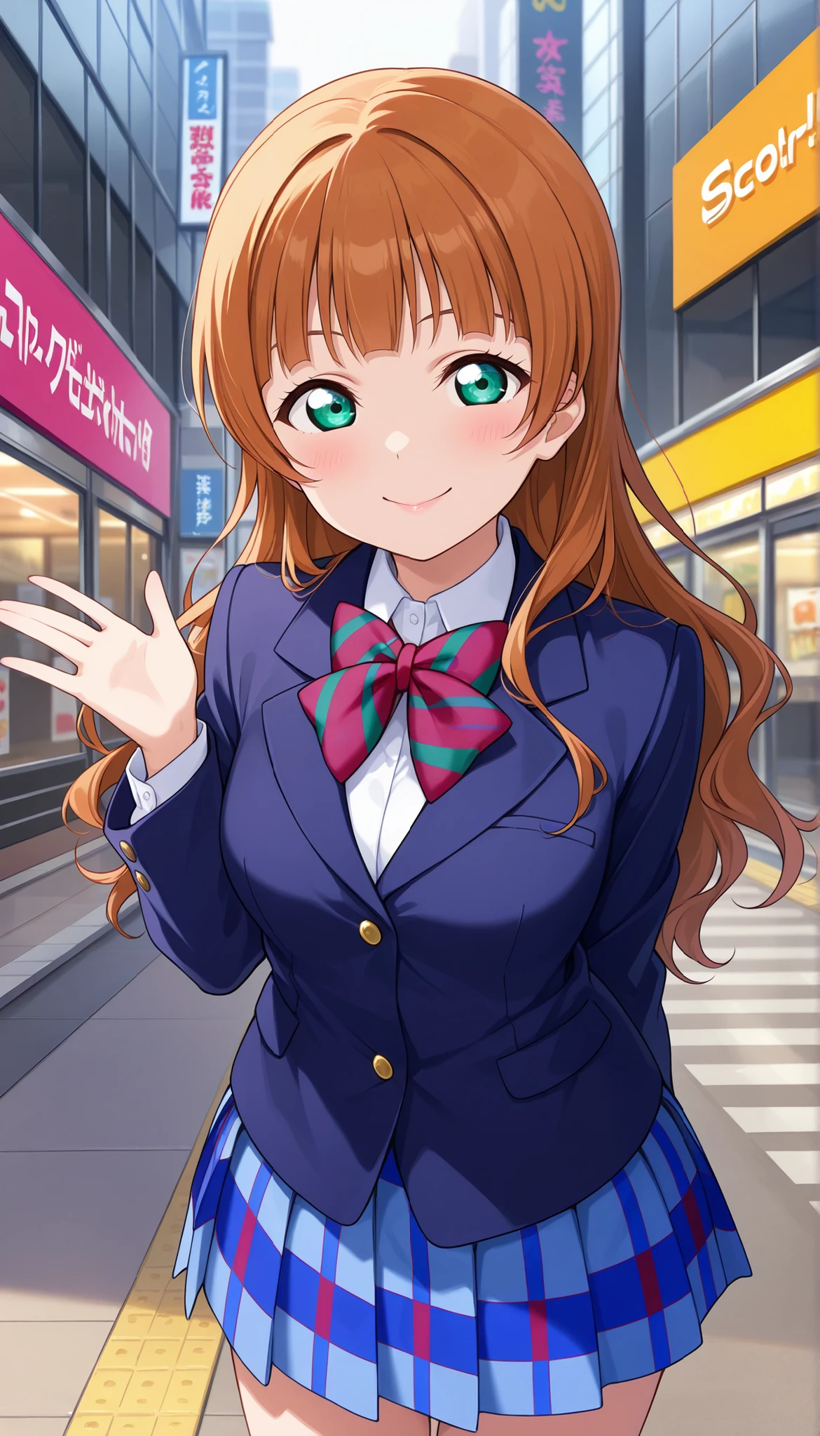 solo girl, AnjuYuuki,love live! ,brown hair, hime cut,wavy hair , , otonokizaka winter uniform, red striped bow tie, navy blue blazer, blue striped skirt,button shirt, socks,loafers,closed mouth,glossy lips,posing in akihabara,cowboy shot:d, (1girl), (solo),BREAK score_9, score_8_up, score_7_up, score_6_up, source_anime,street ,afternoon