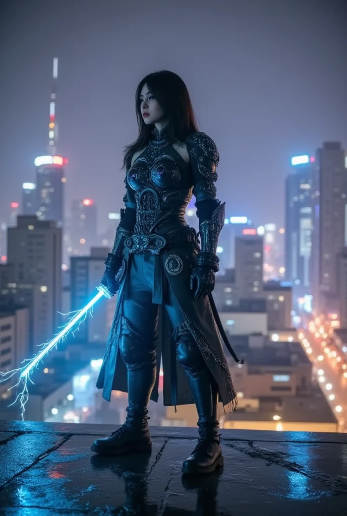 “Generate an HD Ultra Realistic 8K image of Young Attractive Asian Woman Sophie Tan as a action woman inspired by a superhero. She is wearing a blue and silver lace set with a cape flowing behind her, styled to resemble a classic superhero costume. Sophie is standing in a powerful stance on a rooftop, with storm clouds and lightning in the background. Use a cinematic camera with a 35mm lens to capture the intricate lace details and the dynamic pose (1.3). The stormy background should be softly blurred, with bokeh effects enhancing Sophie’s heroic presence (1.2). Post-production should enhance the lightning effects and add a slight motion blur to create a dramatic, powerful look (1.4).”