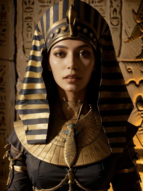 Created high-resolution images of two terrifying mummies in an ancient Egyptian marketplace. The first  wore a pharaoh's helmet and had long, sharp teeth and glowing yellow eyes. The second , wrapped in bandages, slightly behind the first , also has bright yellow eyes and an aggressive appearance. Around them were ancient market stalls and people in traditional ancient Egyptian clothes looking scared and surprised. The background depicts a desert village setting with .