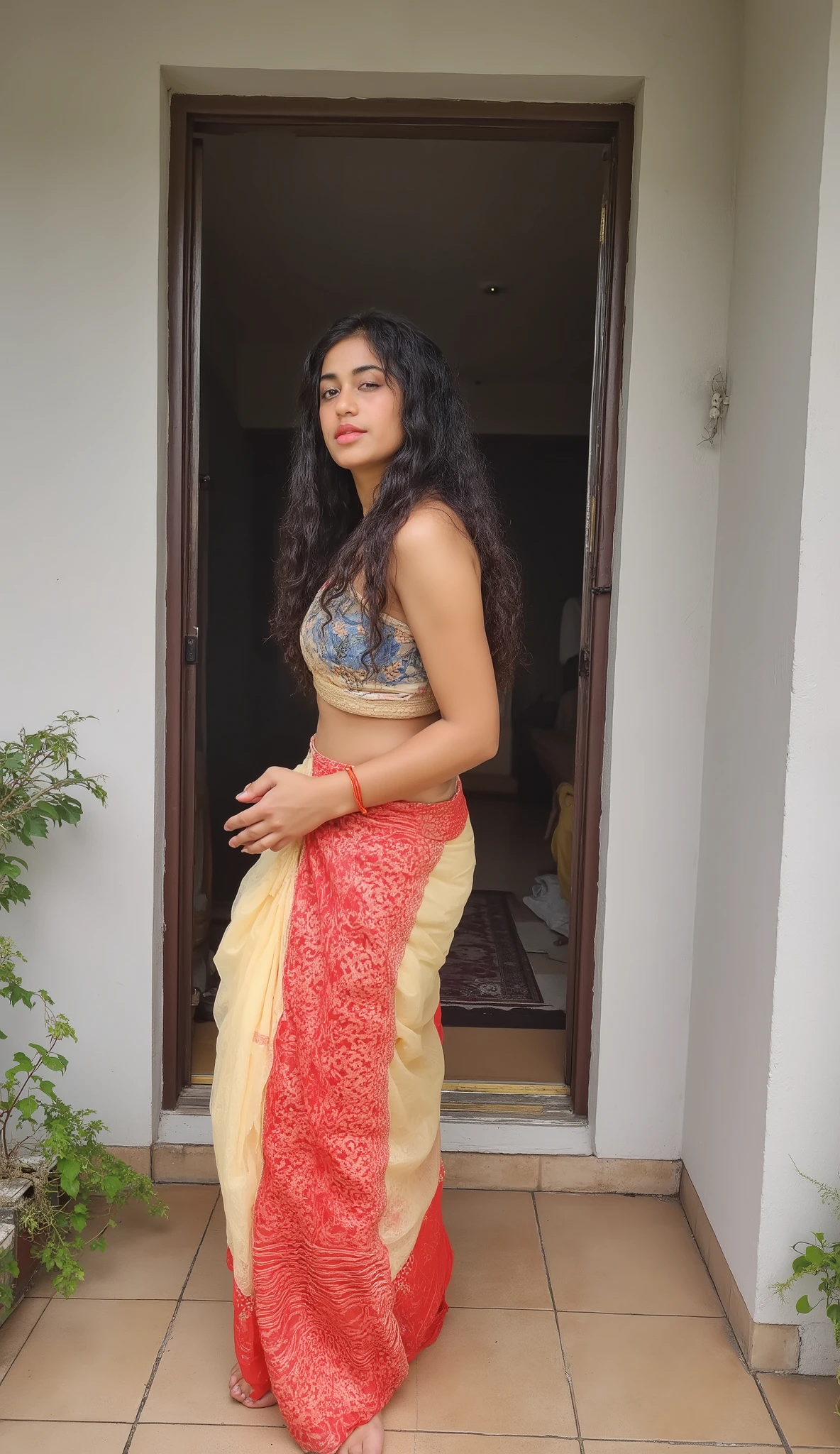 cinematic film still of a curvy mallu woman in traditional, conservative, cream and red saree and blue and onam white blouse, shiny skin tone of a woman, she in her balcony,Looking at viewer, curly thick and long black hair