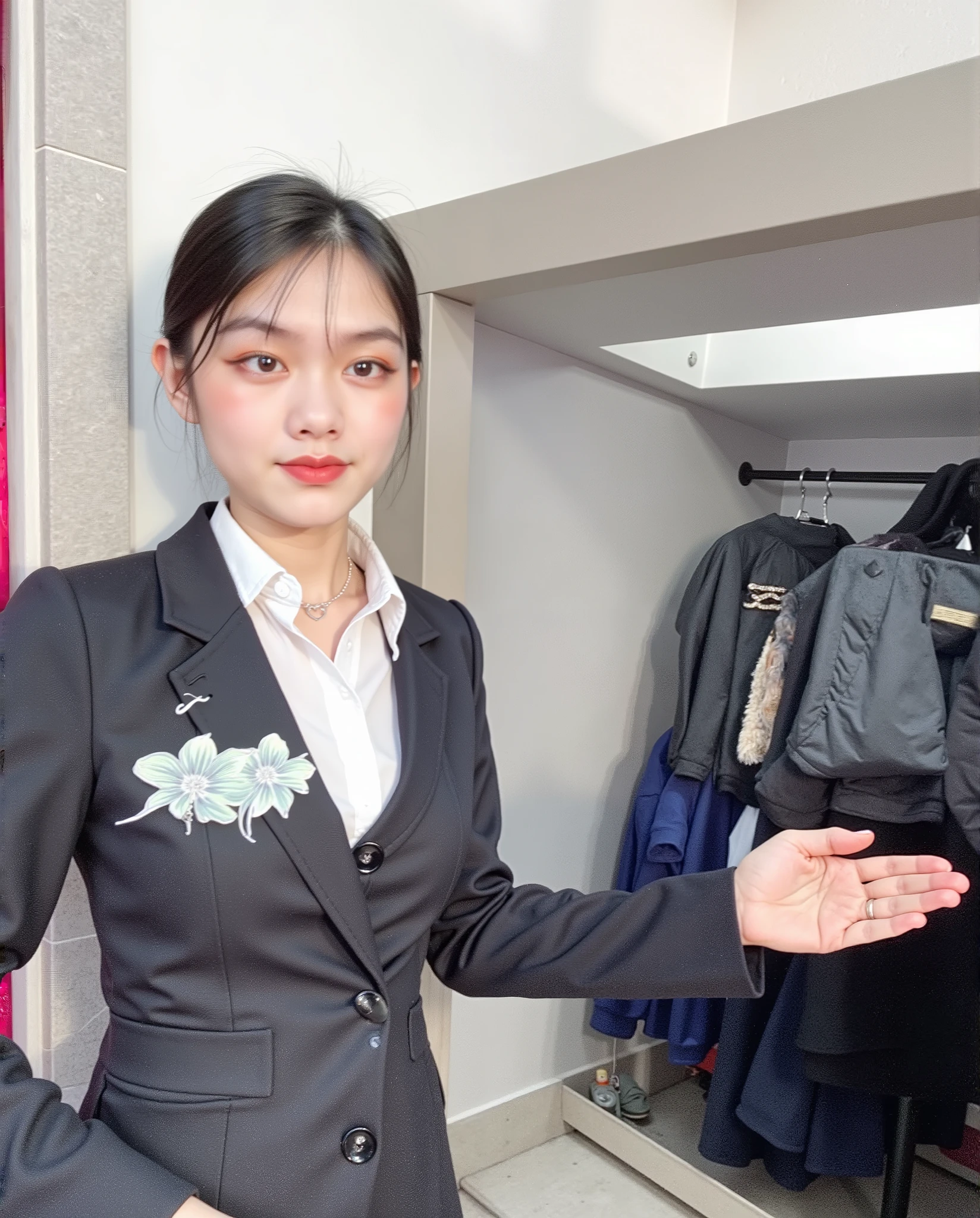 A cute young woman with long, straight black hair styled in a half-up ponytail with soft bangs framing her face. She has fair, glowing skin and expressive dark eyes. She’s wearing a simple silver heart necklace and a dark navy blue off-shoulder top with subtle satin-like fabric. The image is a collage of six close-up selfies, each showing different adorable facial expressions — playful pout, thoughtful finger pose on the lips, soft smile, and hand gestures forming heart shapes near her cheeks. The background is a cozy bedroom with warm lighting, featuring a wooden wardrobe, pink wall accents, and a bed with pillows. The overall vibe is sweet, charming, and natural, capturing her cute and expressive personality with gentle lighting and soft tones.