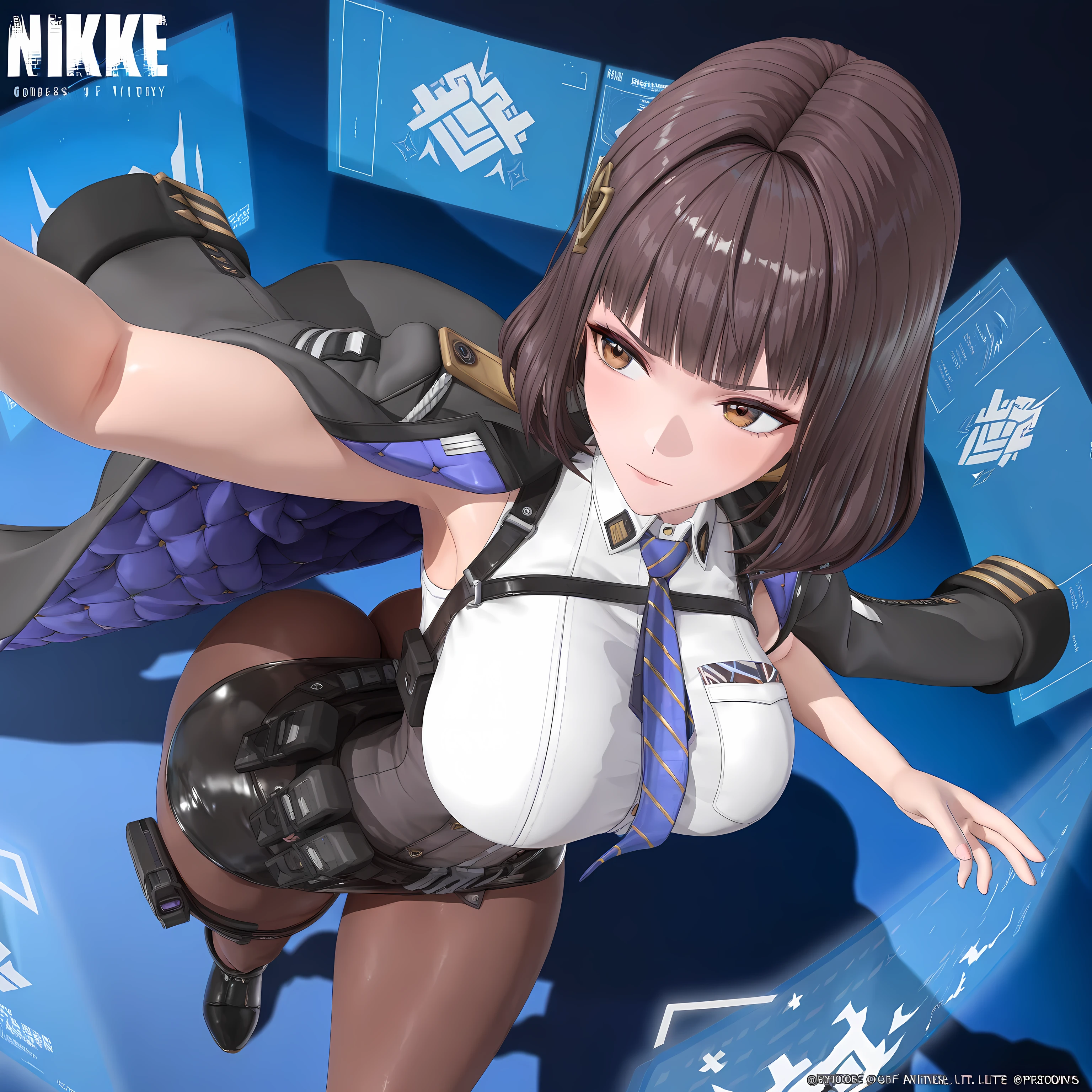 1girl,solo,HDR,high quality, ((3D)), (The Goddess of Victory: Nikke title), (Goddess of victory: nikke female commander), High resolution, medium hair, soft bangs, blunt bangs, angle from above, Beautiful Texture, brunette, action pose, Slender, military uniform, white shirt, necktie, dark brown uniform, tunic on shoulders, pencil skirt, holster, sleeveless, curvy,((large breasts, slim waist, wide hips, huge ass)), Background of futuristic office with panel glass and holographic displays, dark room, furrowed brows, pantyhose, boots,