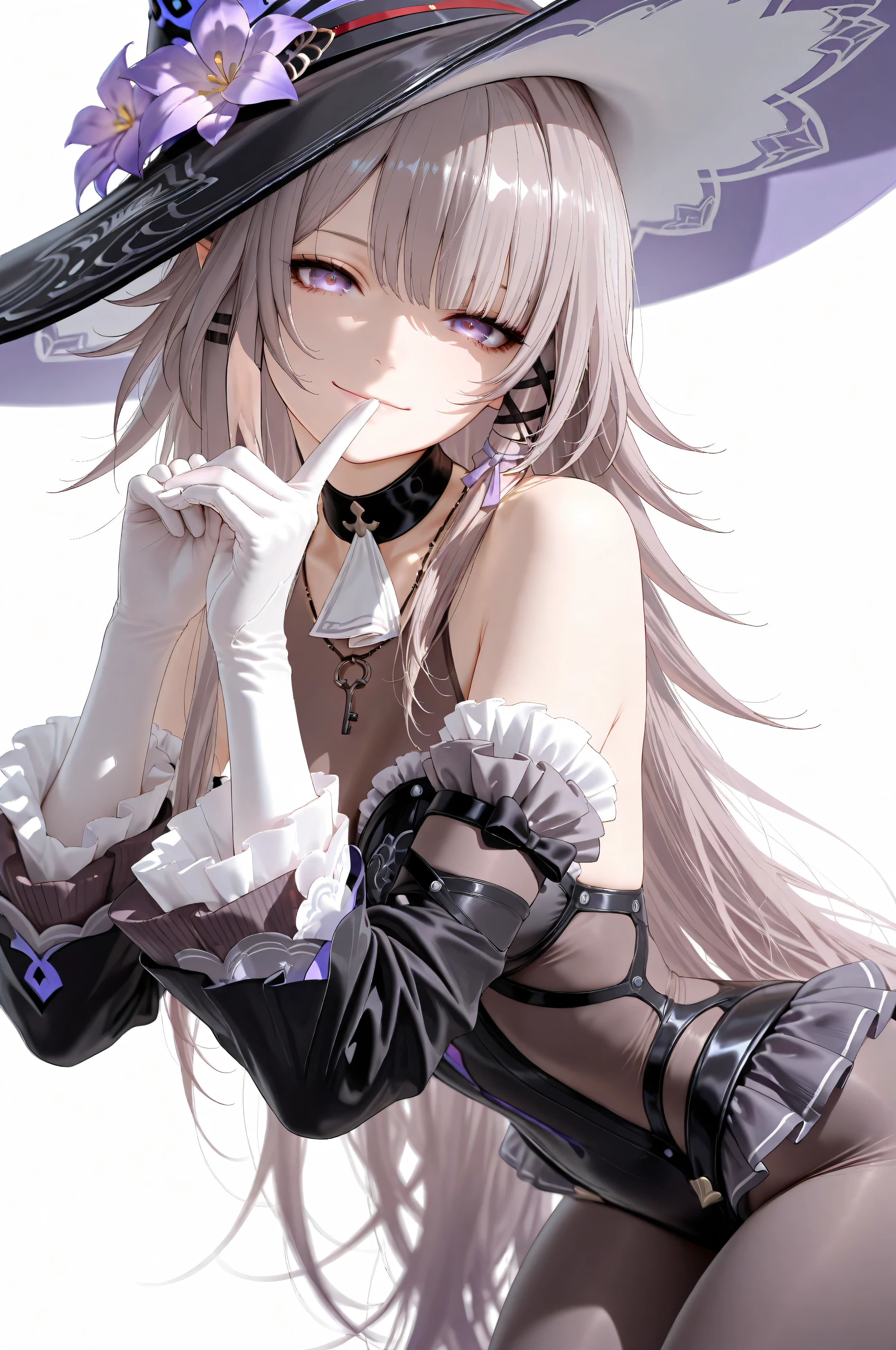 The Herta,the herta \(honkai star rail\), 1girl, hat, solo, leotard, bodystocking, jewelry, frills, black leotard, witch hat, black headwear, necklace, black choker, hat flower,score_9,score_8_up,score_7_up,score_6_up, masterpiece,best quality, witch hat,purple eyes,long hair,dress,looking at viewer, extremely close view, pointy ears, purple eyes, (Herta), white gloves, crossing hand gesture, delicate pose, dynamic angle, leaning forward, dutch angle, from side, head tilt, lovely pose, smile, detached sleeves,bare shoulders,breasts,grey hair,cowboy_shot,pantyhose,white_background,key necklace, depth of field, 
