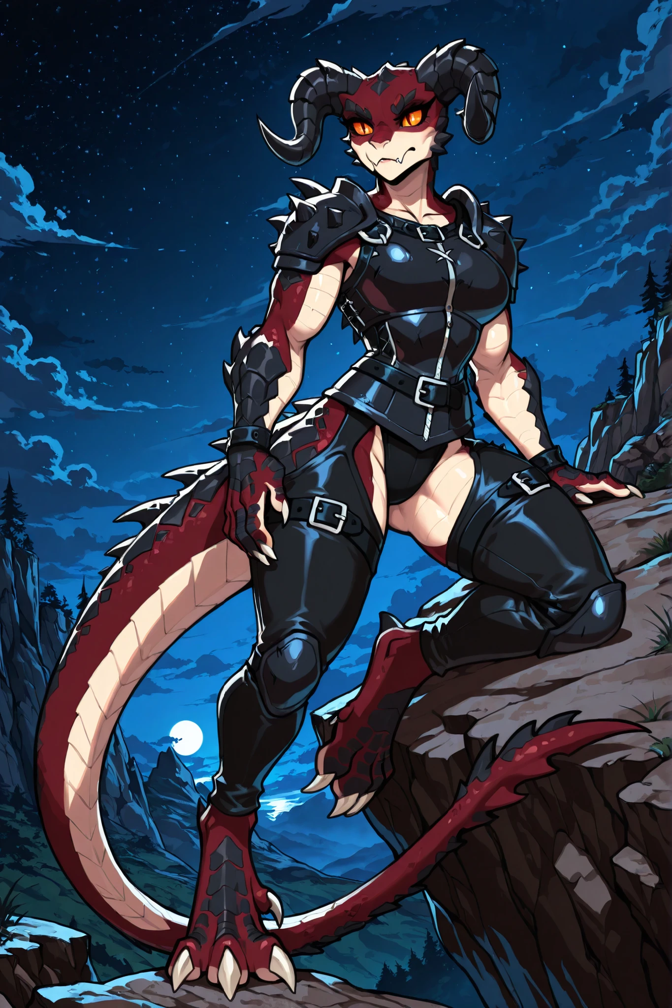 (solo), full body picture, (anime style), (anime shading), masterpiece, high quality, best quality, absurdres, 4k, 8k, d3th, 1girl, deathclaw, monster girl, horns, colored sclera, scales, colored skin, no humans, tail, claws, two tone body, (red body), dark scales, (slit pupils), orange eyes, heavy female, healthy female, 5 fingers, light claws, tail, thick tail, on top of a cliff, at night,  (wearing thick dark leather armor), 