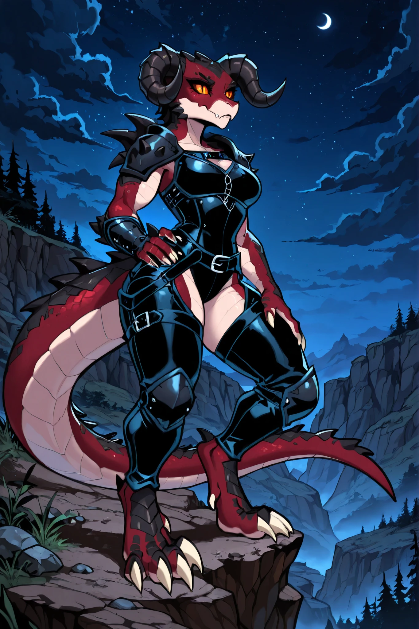 (solo), full body picture, (anime style), (anime shading), masterpiece, high quality, best quality, absurdres, 4k, 8k, d3th, 1girl, deathclaw, monster girl, horns, colored sclera, scales, colored skin, no humans, tail, claws, two tone body, (red body), dark scales, (slit pupils), orange eyes, heavy female, healthy female, 5 fingers, light claws, tail, thick tail, on top of a cliff, at night, (wearing thick dark leather armor),