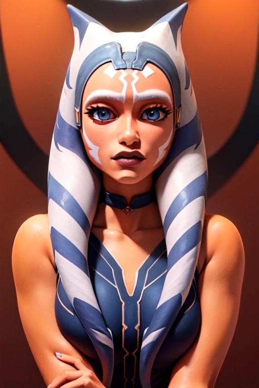 one girl, ahsoka tano, bust, (slender body, muscular:1.2), solo, upper body, blue eyes, (japanese clothes, cleavage, deep cleavage:1.5),  shoulders, masterpiece, highly detailed, look at viewer, shiny blured orange background, gradient sprayed background, serious face, front view, gradient red purple background, blured background, glowing edges of image