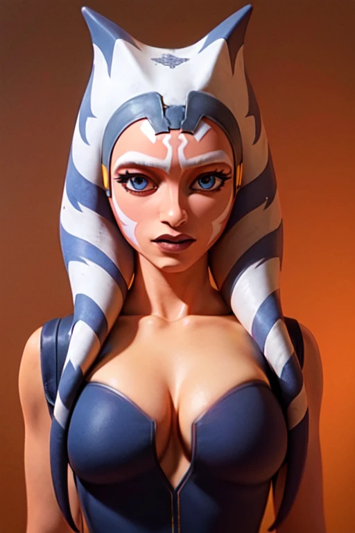 one girl, ahsoka tano, bust, (slender body, muscular:1.2), solo, upper body, blue eyes, orange skin, (???????????, giant ???????, cleavage:1.5), ???? shoulders, masterpiece, highly detailed, look at viewer, shiny blured orange background, gradient sprayed background, front view, gradient red purple background, blured background, glowing edges of image