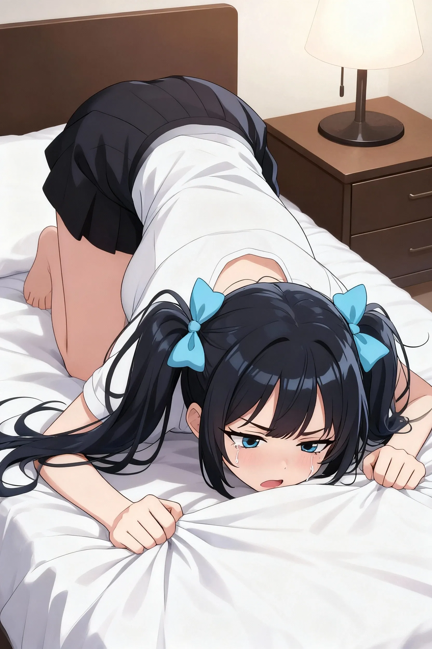 (8K, 最high quality, Tabletop:1.2)、Ultra-high resolution、Adorable、cute, Curly Hair, Soft Hair, Cute Bangs,Soft and fluffy white and black, Adorable, masterpiece、Best image quality、最high quality、 (cryin) ,Most detailed, high quality、(missionary, 1boy, , lying, vaginale,  pov, , , nsfw)、nose blush、steam、Oblique angle、Shiny Hair、Very fine and beautiful bright eyes、be scared、Very detailed, clear and beautiful face, Being stripped of clothes、Slender body、Awards, Anatomically correct、((Scared))