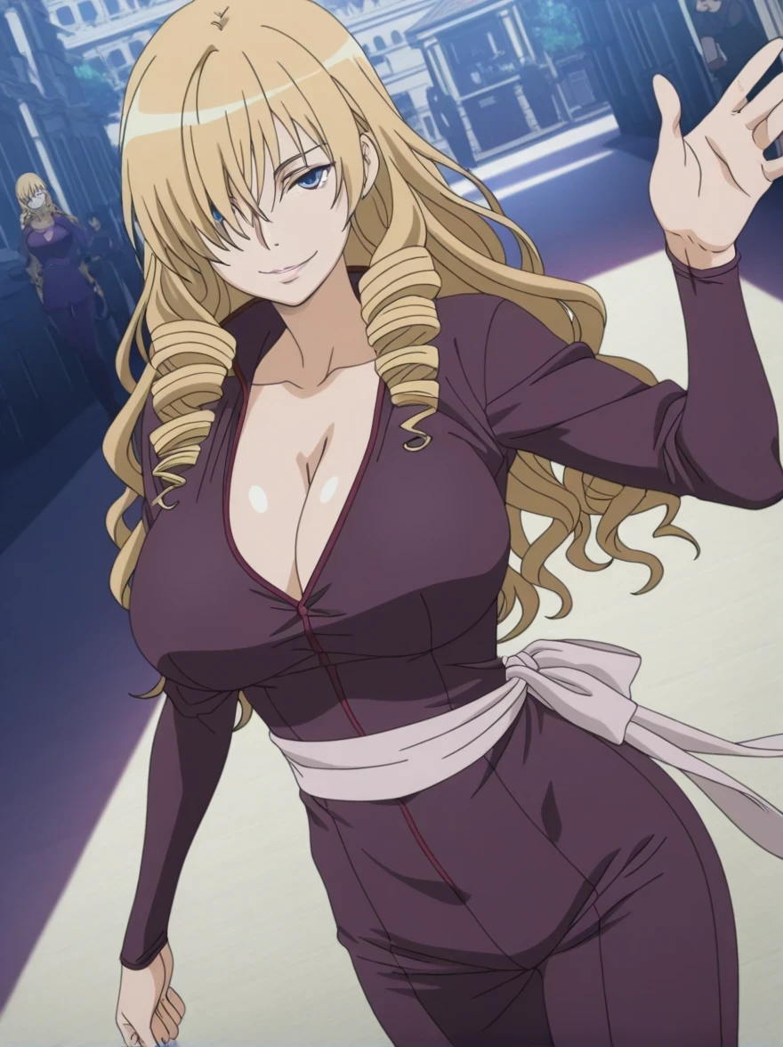 傑作、best quality、best resolution、best image quality、amazing quality、 very aesthetic、 absurdres、anime coloring、anime screencap、anime screenshot、1woman 、 <lora:oriana-thomson-indexs2-illustriousxl-lora-nochekaiser:1> 、 oriana thomson 、solo 、blonde hair 、long hair 、blue eyes 、drill hair 、drill sidelocks 、hair over one eye 、sidelocks 、very large breasts 、cleavage 、large boobs 、large tits 、mature female 、collarbone 、deltoids 、purple bodysuit 、long sleeves、outfit:bodysuit 、cyan sash 、sash 、tight bodysuit 、seamless 、purple high heels 、tall woman 、standing 、cowboy shot 、looking at viewer 、female focus 、dutch angle 、smile、elegant、elegant smile、sexy smile、evil smile、cat's eye style、