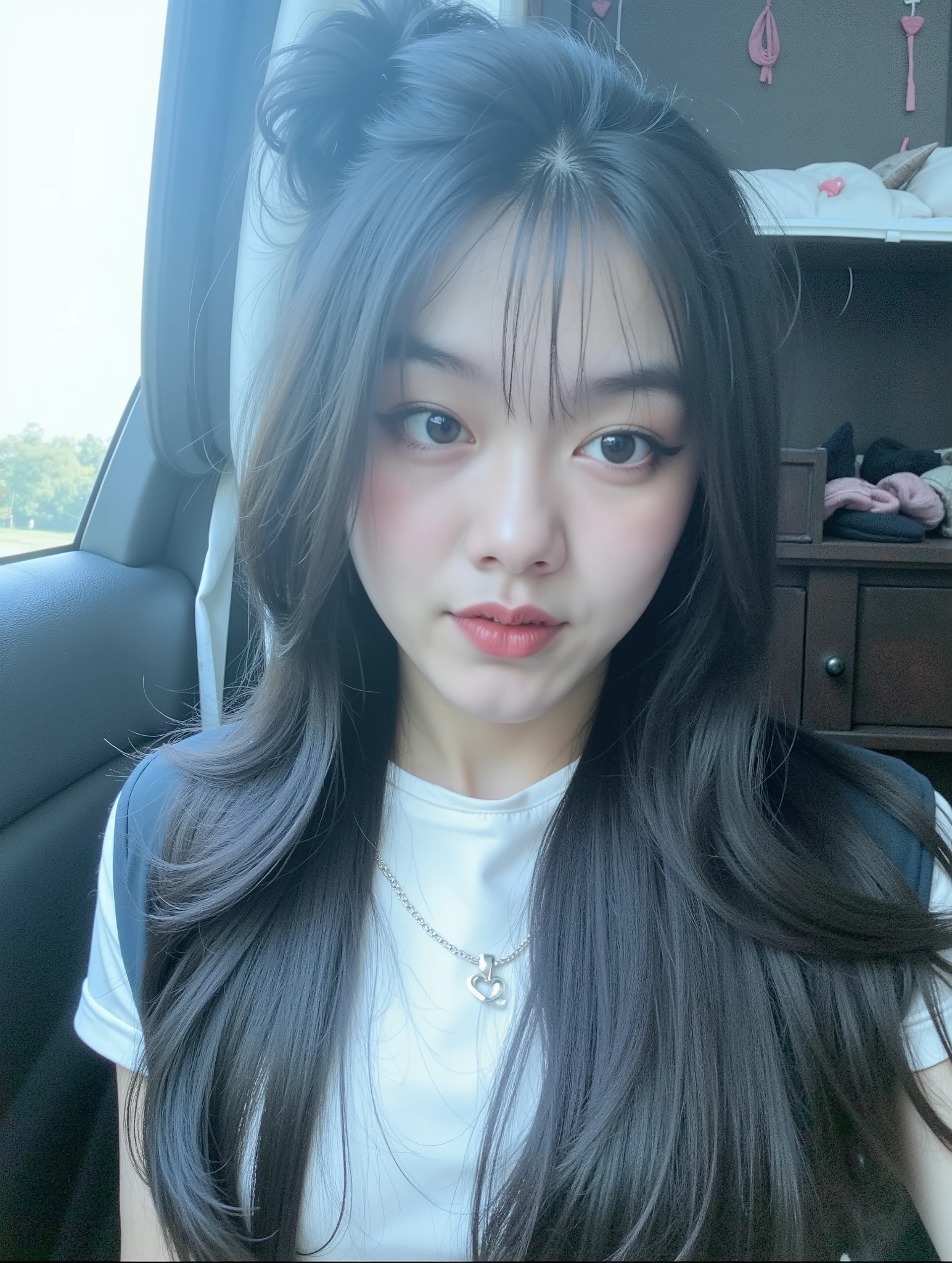 A cute young woman with long, straight black hair styled in a half-up ponytail with soft bangs framing her face. She has fair, glowing skin and expressive dark eyes. She’s wearing a simple silver heart necklace and a dark navy blue off-shoulder top with subtle satin-like fabric. The image is a collage of six close-up selfies, each showing different adorable facial expressions — playful pout, thoughtful finger pose on the lips, soft smile, and hand gestures forming heart shapes near her cheeks. The background is a cozy bedroom with warm lighting, featuring a wooden wardrobe, pink wall accents, and a bed with pillows. The overall vibe is sweet, charming, and natural, capturing her cute and expressive personality with gentle lighting and soft tones.