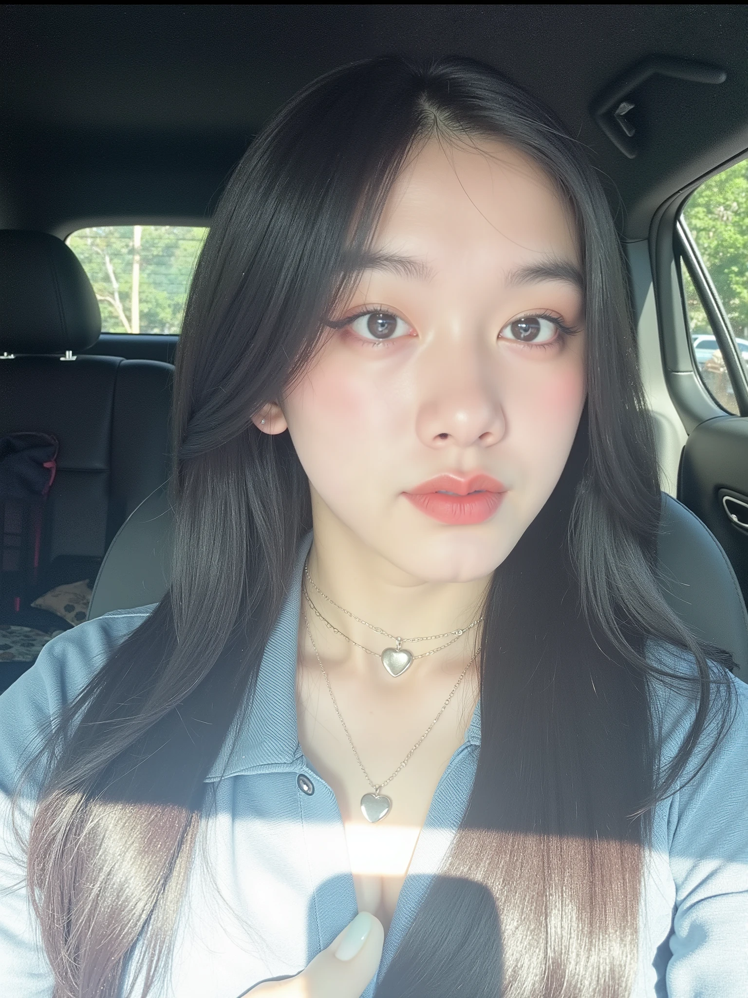 A cute young woman with long, straight black hair styled in a half-up ponytail with soft bangs framing her face. She has fair, glowing skin and expressive dark eyes. She’s wearing a simple silver heart necklace and a dark navy blue off-shoulder top with subtle satin-like fabric. The image is a collage of six close-up selfies, each showing different adorable facial expressions — playful pout, thoughtful finger pose on the lips, soft smile, and hand gestures forming heart shapes near her cheeks. The background is a cozy bedroom with warm lighting, featuring a wooden wardrobe, pink wall accents, and a bed with pillows. The overall vibe is sweet, charming, and natural, capturing her cute and expressive personality with gentle lighting and soft tones.