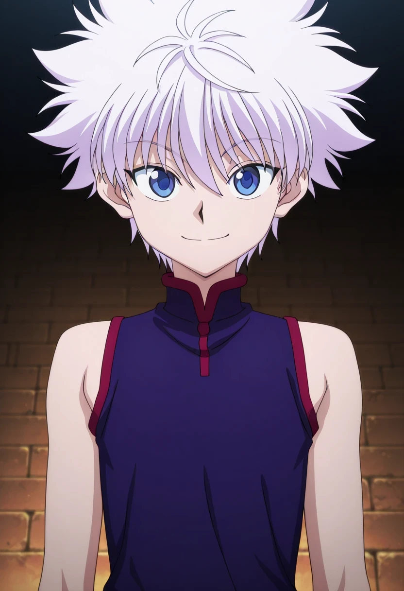 傑作、Best quality、Best resolution、Best image quality、amazing quality、 very aesthetic、 absurdres、anime coloring、anime screencap、anime screenshot、1boy、killua zoldick、<lora:killua_zoldyck_ilxl:1>、male focus、solo、white hair、short hair、spiked hair、bangs、blue eyes、upper body、smile、flat chest、sleeveless、seamless、half top、lingerie underwear、closed mouth、looking at viewer、standing、white half top、indoor、