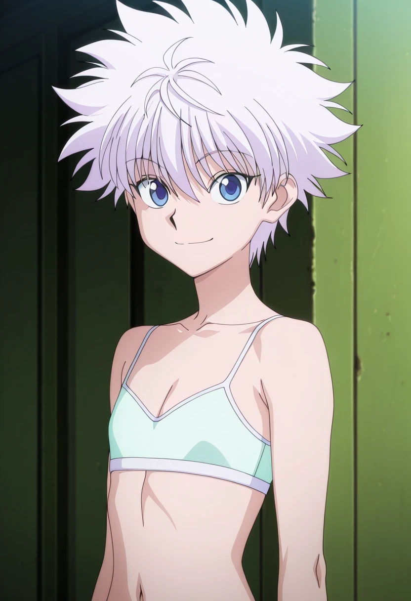 傑作、Best quality、Best resolution、Best image quality、amazing quality、 very aesthetic、 absurdres、anime coloring、anime screencap、anime screenshot、1boy、killua zoldick、<lora:killua_zoldyck_ilxl:1>、male focus、solo、white hair、short hair、spiked hair、bangs、blue eyes、upper body、smile、flat chest、seamless、wireless bra、bra underwear、closed mouth、looking at viewer、standing、white wireless bra、indoor、
