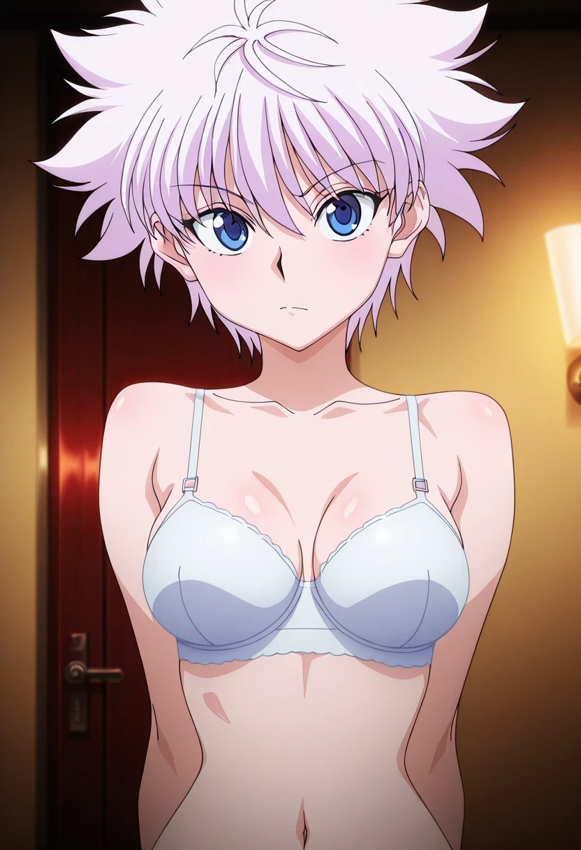 傑作、Best quality、Best resolution、Best image quality、amazing quality、 very aesthetic、 absurdres、anime coloring、anime screencap、anime screenshot、1girl、killua zoldick is a girl、<lora:killua_zoldyck_ilxl:1>、(female:1.4)、female focus、solo、white hair、short hair、spiked hair、bangs、blue eyes、upper body、medium breasts、covered breasts、medium boobs、covered boobs、seamless、wireless bra、lingerie underwear、closed mouth、looking at viewer、standing、white wireless bra、indoor、