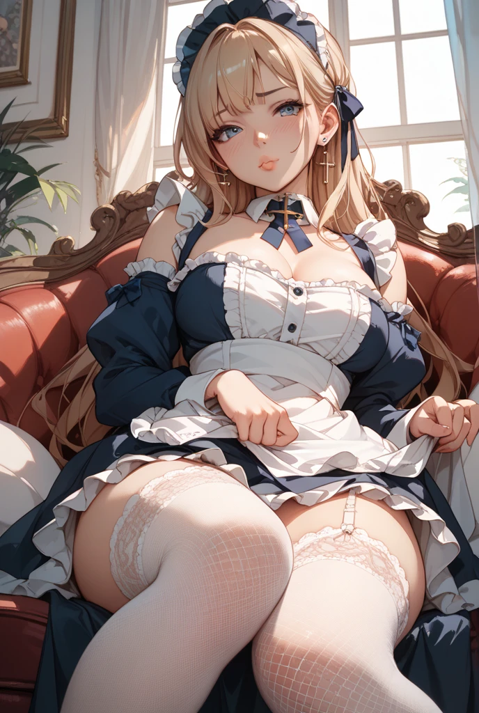 highest quality、Ultra-high resolution、Anatomically correct human body、Perfect human body、Clear lines、Two Arms、Two legs、((Five Fingers))、Delicate fingers、Low angle shot:1.5、((Showing panties:1.5))、((Light blonde hair:1.4))、((White sexy silk panties))、((Her tiny thong panties are tucked between her legs))、((Panties close up:1.4))、((Very large firm breasts:1.6))、((Place your index finger lightly on your lips))、Twin tails up to the waist、Delicate hair type、fluffyの髪、Curly Hair、Silk maid outfit、Maid clothes with wide open chest、White silk knee socks、A cute and beautiful face down to the last detail、(PurerosFace_v1:0.008)、eyeliner、blush、Embarrassing、Glare、 Glossy lips: 1.4, impatience、Panty Appeal、Panties close up:1.3、blush、Open your knees、Spread your legs、Disheveled clothes、Bright green eyes、Cute ribbon、Shiny gold leather high heels、Stiletto heels、transparent、Glowing White Skin、Sweaty chest、Bell earrings、Shining bright colors、Clear contours、Floral Hair Accessories、Small white gloves made of thin silk、stylish、kind、soft、High-end furniture、stylishな編み込み髪、Scrunchies on the wrist、Ribbon with bell around neck、Big eyes、Silky smooth texture、Color unification、Luxurious canopy bed、garter belt、Droopy eyes、Light blush on the cheeks、Midday sunlight filtering through lace curtains、Bright interior、happiness、はっきりとしたBig eyes、Bright expression、M-shaped foot、Arabic style columns、Tilt your head、Laugh gently、非常にDelicate fingers先、Detailed and vibrantly colored floral wallpaper、Tea set、A small gold watch on one wrist、The leather corsets、Eyes that shine like jewels、Symmetry in clothing and accessories、fluffy、Finest Silk、attractive appearance、Plaid、明るいピンクColor unification感、Emphasizing the depth of the human body、Sharp camera angles、See-through、フリルの付いたfluffyの可愛い白いエプロン、