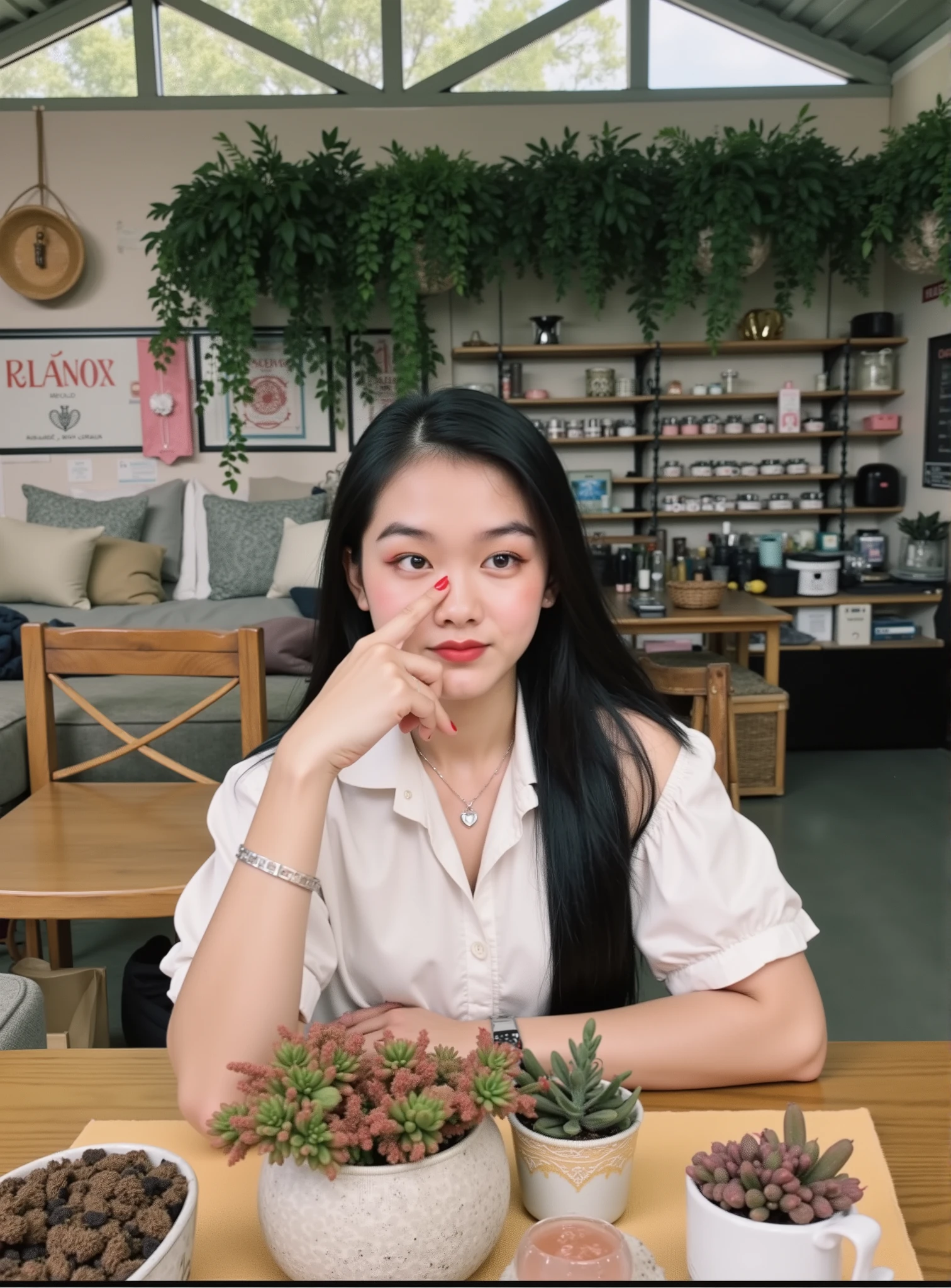 A cute young woman with long, straight black hair styled in a half-up ponytail with soft bangs framing her face. She has fair, glowing skin and expressive dark eyes. She’s wearing a simple silver heart necklace and a dark navy blue off-shoulder top with subtle satin-like fabric. The image is a collage of six close-up selfies, each showing different adorable facial expressions — playful pout, thoughtful finger pose on the lips, soft smile, and hand gestures forming heart shapes near her cheeks. The background is a cozy bedroom with warm lighting, featuring a wooden wardrobe, pink wall accents, and a bed with pillows. The overall vibe is sweet, charming, and natural, capturing her cute and expressive personality with gentle lighting and soft tones.