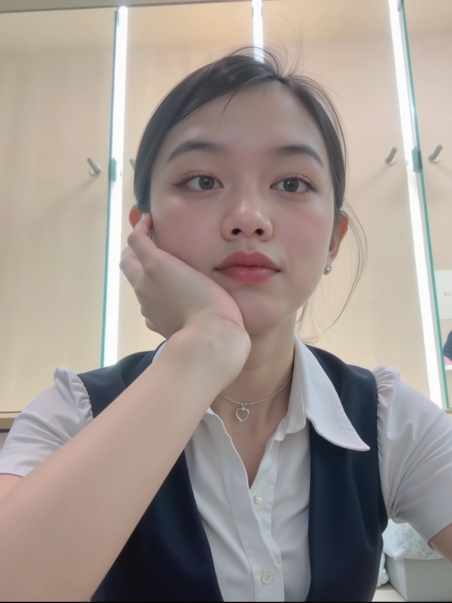 A cute young woman with long, straight black hair styled in a half-up ponytail with soft bangs framing her face. She has fair, glowing skin and expressive dark eyes. She’s wearing a simple silver heart necklace and a dark navy blue off-shoulder top with subtle satin-like fabric. The image is a collage of six close-up selfies, each showing different adorable facial expressions — playful pout, thoughtful finger pose on the lips, soft smile, and hand gestures forming heart shapes near her cheeks. The background is a cozy bedroom with warm lighting, featuring a wooden wardrobe, pink wall accents, and a bed with pillows. The overall vibe is sweet, charming, and natural, capturing her cute and expressive personality with gentle lighting and soft tones.