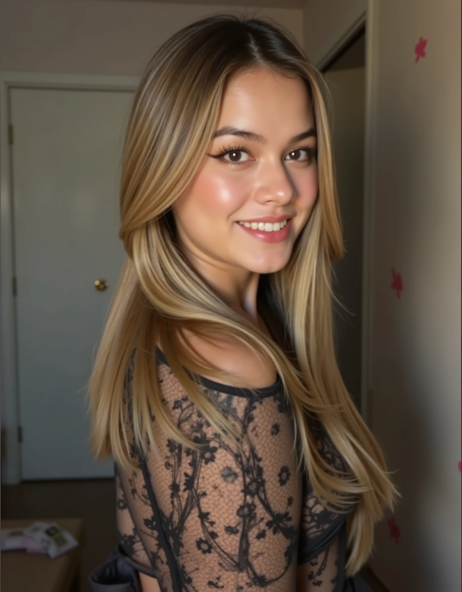 A cute young woman with long, straight black hair styled in a half-up ponytail with soft bangs framing her face. She has fair, glowing skin and expressive dark eyes. She’s wearing a simple silver heart necklace and a dark navy blue off-shoulder top with subtle satin-like fabric. The image is a collage of six close-up selfies, each showing different adorable facial expressions — playful pout, thoughtful finger pose on the lips, soft smile, and hand gestures forming heart shapes near her cheeks. The background is a cozy bedroom with warm lighting, featuring a wooden wardrobe, pink wall accents, and a bed with pillows. The overall vibe is sweet, charming, and natural, capturing her cute and expressive personality with gentle lighting and soft tones.