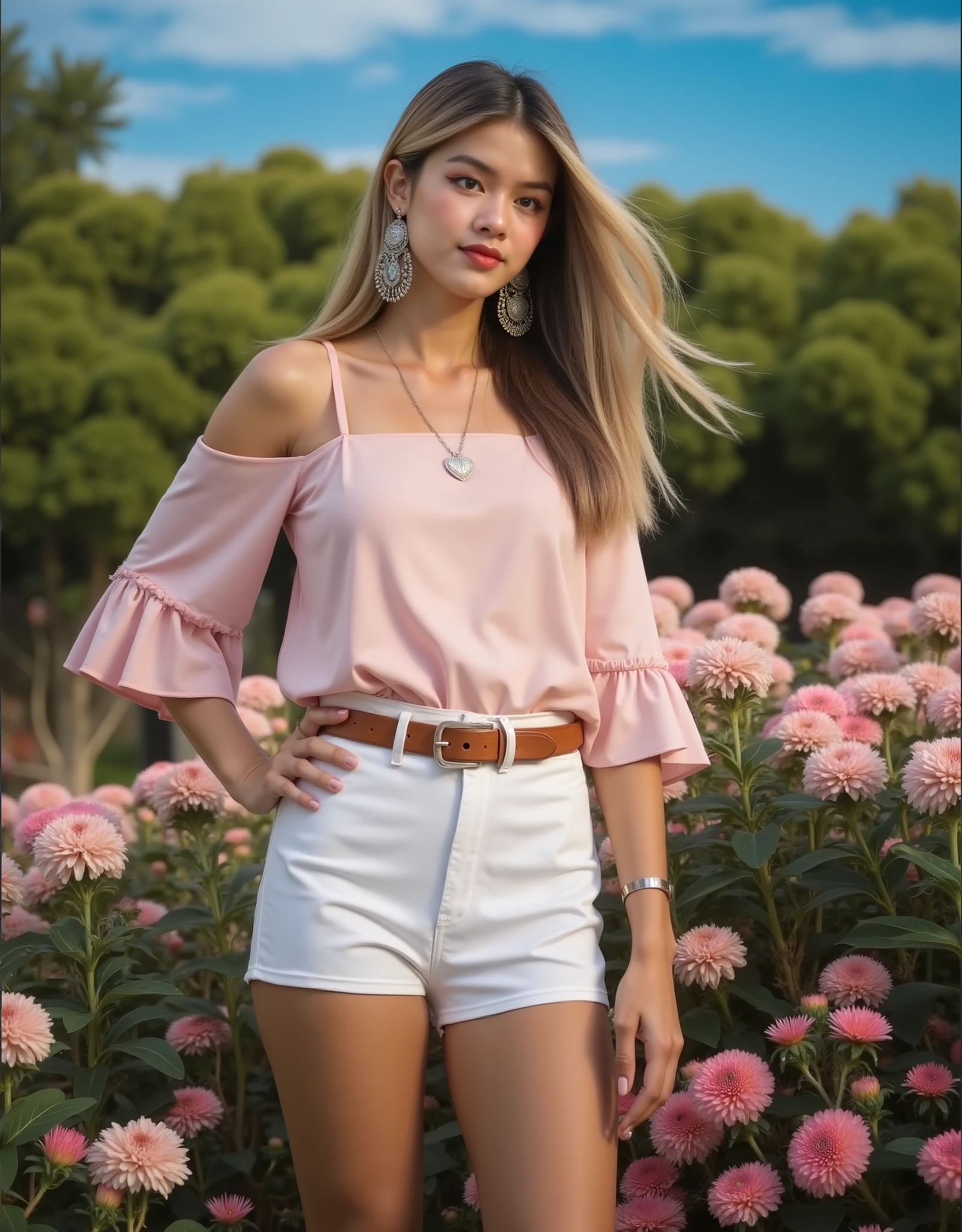A cute young woman with long, straight black hair styled in a half-up ponytail with soft bangs framing her face. She has fair, glowing skin and expressive dark eyes. She’s wearing a simple silver heart necklace and a dark navy blue off-shoulder top with subtle satin-like fabric. The image is a collage of six close-up selfies, each showing different adorable facial expressions — playful pout, thoughtful finger pose on the lips, soft smile, and hand gestures forming heart shapes near her cheeks. The background is a cozy bedroom with warm lighting, featuring a wooden wardrobe, pink wall accents, and a bed with pillows. The overall vibe is sweet, charming, and natural, capturing her cute and expressive personality with gentle lighting and soft tones.