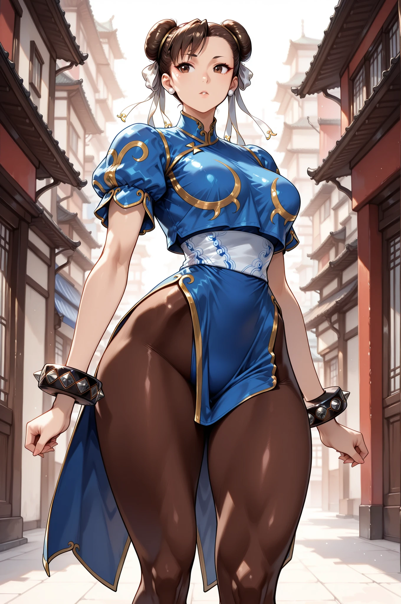 1 woman, ChunLi_XL, , brown hair, Sf6 Chun-Li, mature woman, Double Pan, Blue China Dress , puffy sleeve, Short sleeve, spike bracelet, Black Bracelet, pantyhose, white boots, low angle, speedline, Chinatown, Pay attention to light and shadow in every detail, blurred background, (Highest Quality:1.2, 4K, 8k, very detailed, attention to detail, masterpiece:1.2, Best Aesthetics), 