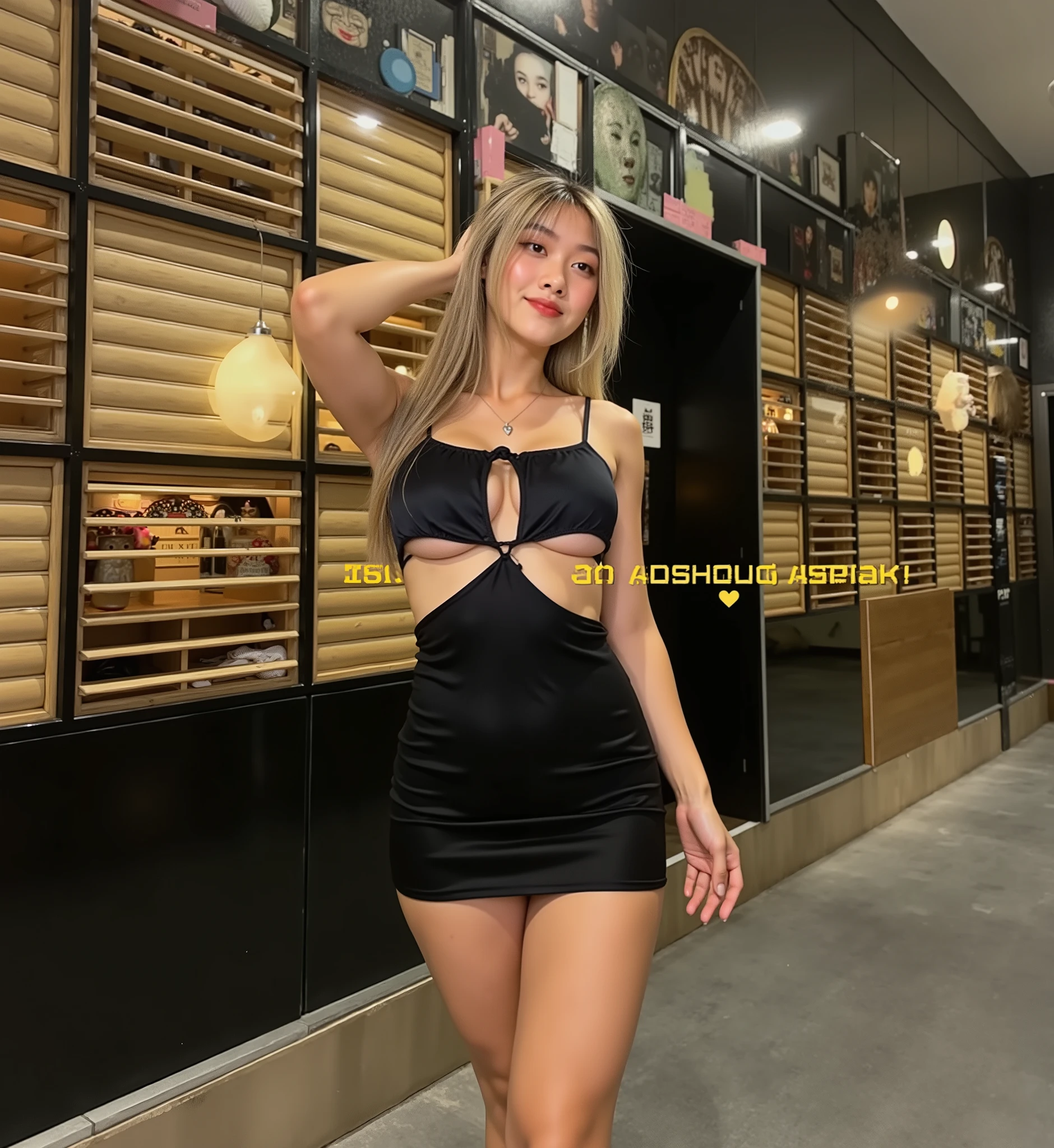 A cute young woman with long, straight black hair styled in a half-up ponytail with soft bangs framing her face. She has fair, glowing skin and expressive dark eyes. She’s wearing a simple silver heart necklace and a dark navy blue off-shoulder top with subtle satin-like fabric. The image is a collage of six close-up selfies, each showing different adorable facial expressions — playful pout, thoughtful finger pose on the lips, soft smile, and hand gestures forming heart shapes near her cheeks. The background is a cozy bedroom with warm lighting, featuring a wooden wardrobe, pink wall accents, and a bed with pillows. The overall vibe is sweet, charming, and natural, capturing her cute and expressive personality with gentle lighting and soft tones.