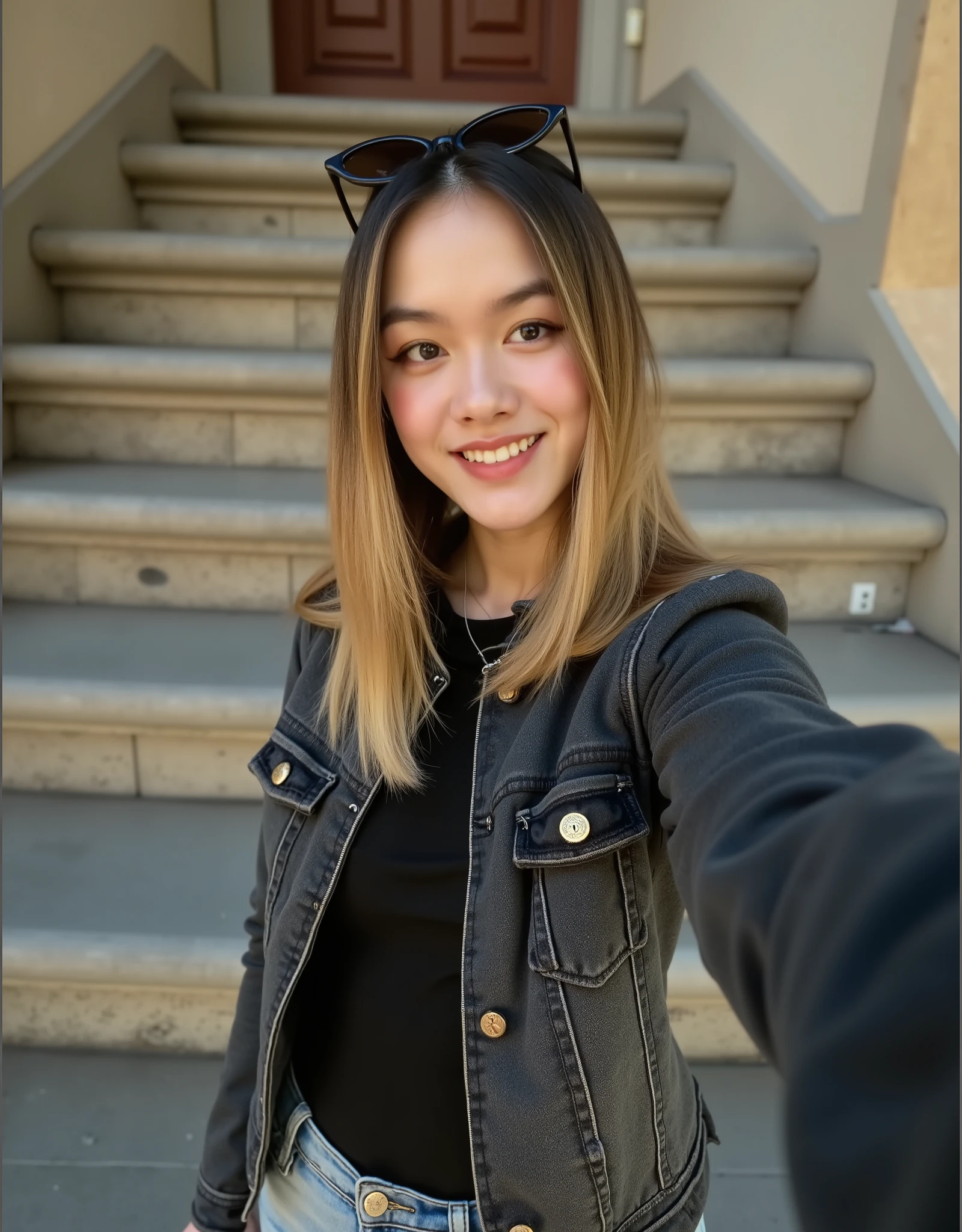 A cute young woman with long, straight black hair styled in a half-up ponytail with soft bangs framing her face. She has fair, glowing skin and expressive dark eyes. She’s wearing a simple silver heart necklace and a dark navy blue off-shoulder top with subtle satin-like fabric. The image is a collage of six close-up selfies, each showing different adorable facial expressions — playful pout, thoughtful finger pose on the lips, soft smile, and hand gestures forming heart shapes near her cheeks. The background is a cozy bedroom with warm lighting, featuring a wooden wardrobe, pink wall accents, and a bed with pillows. The overall vibe is sweet, charming, and natural, capturing her cute and expressive personality with gentle lighting and soft tones.