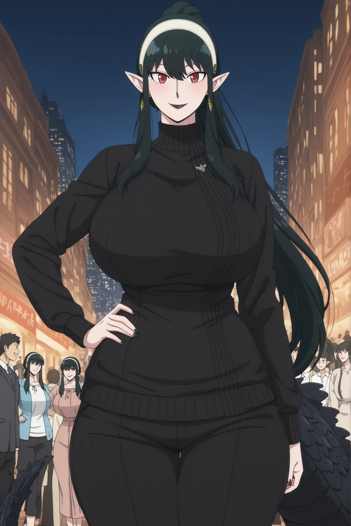 anime screencap, masterpiece, best quality, yor briar, 1girl, Mature Female, black hair, red eyes, earrings, white hairband, hairband, long hair, sidelocks, pointy ears, Godzilla Fins, Godzilla tail, Godzilla large tail, long tail, very long tail, black hair, ponytail, sidelocks, nails claws, attractive face, detailed face , ractical body shape, glamorous bodies, attractive bodies, large Curvy, Slutty, Neat, big breast, massive breasts, thick thighs, ((Godzilla 2022 \(Godzilla\) \(cosplay\), personification, solo, standing, ((black turtleneck sweater, black pants,)), hair between eyes, smile, black Lipstick, lips, (((Sexy,))), fit body, hand on own hip, city manila, sunday, people, picture, (((Sexy,))), city manila philippines, sunday, night, looking at viewer, Kaiju Girl,