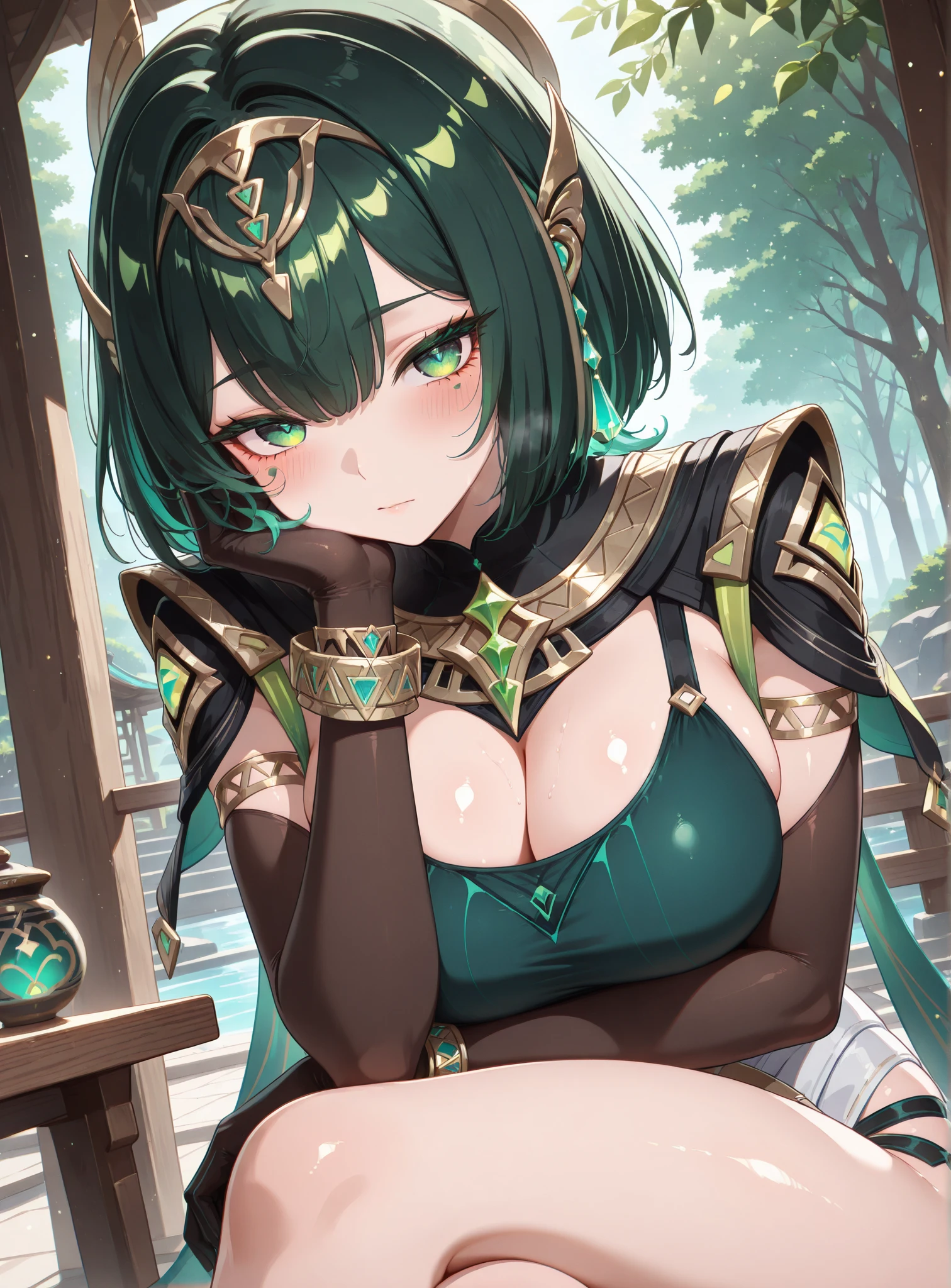 1girl, flat chest, cleavage, large areolae, obliques, thin legs, thick thighs, sheep ears, sheep tail, sheep girl, sheep horns, (forest green hair, pixie cut:1.2), (violet eyes:1.2),
BREAK
bikini armor, pasties, covered nipples, wariza, stream, trees, rocks, evening, misty, wild, picturesque <lyco:bikini-pastie-armor:1>,