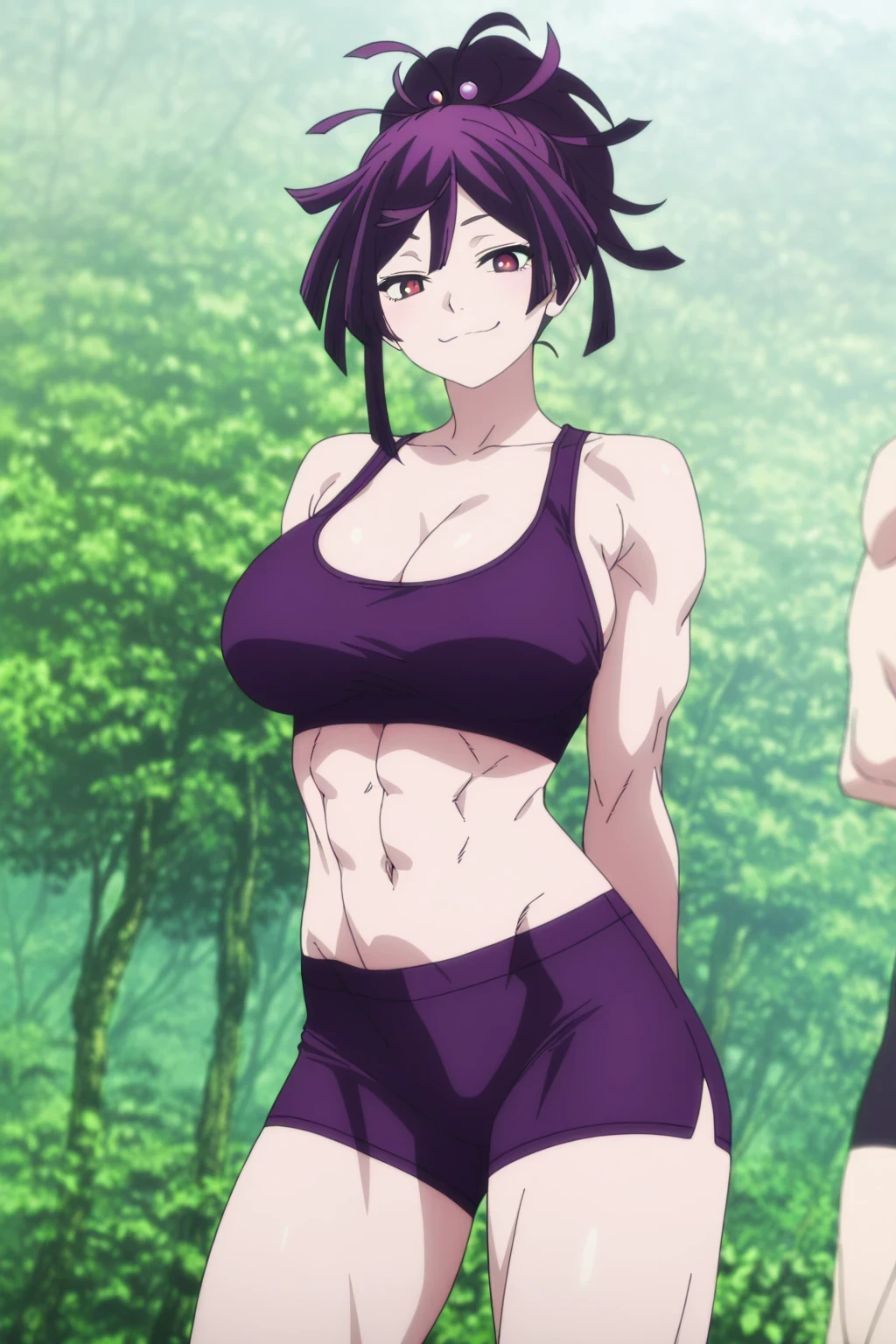 傑作、best quality、best resolution、best image quality、amazing quality、 very aesthetic、 absurdres、anime coloring、anime screencap、anime screenshot、1girl、 <lora:jigoku-yuzuriha-s1-illustriousxl-lora-nochekaiser:1>、yuzuriha、solo、female focus、purple hair、medium hair、ponytail hair、hair ornament、red eyes、covered breasts、big breasts、cleavage、large breasts、covered boobs、large boobs、deltoids、anterior deltoids、middle deltoids、posterior deltoids、biceps、biceps long head、biceps short head、triceps、triceps medial head、triceps long head、triceps lateral head、brachioradialis、thigh muscles、toned body、flexible body、tall lady、standing、smile、smug、abs、navel、bare shoulders、bare arms、bare legs、outfit:sports bra、purple sports bra、wearing a purple bike shorts、tight sports bra、tight bike shorts、outdoor、jungle、standing、looking at viewer、female focus、cowboy shot、dutch angle shot、