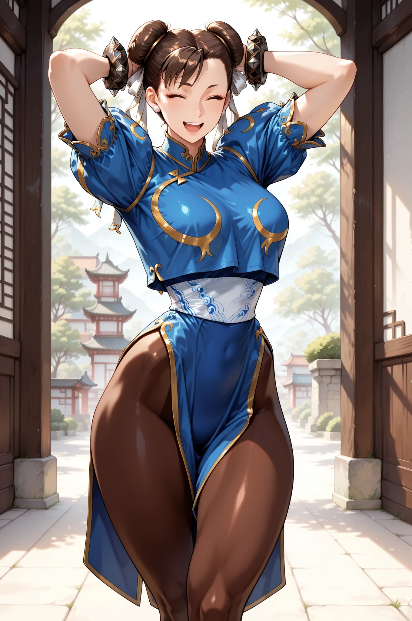 1 woman, ChunLi_XL, Cross-legged:1.2, laughing, brown hair, Sf6 Chun-Li, mature woman, Double Pan, Blue China Dress , puffy sleeve, Short sleeve, spike bracelet, Black Bracelet, pantyhose, white boots, arms behind their heads, pixie background, Pay attention to light and shadow in every detail, blurred background, (Highest Quality:1.2, 4K, 8k, very detailed, attention to detail, masterpiece:1.2, Best Aesthetics),