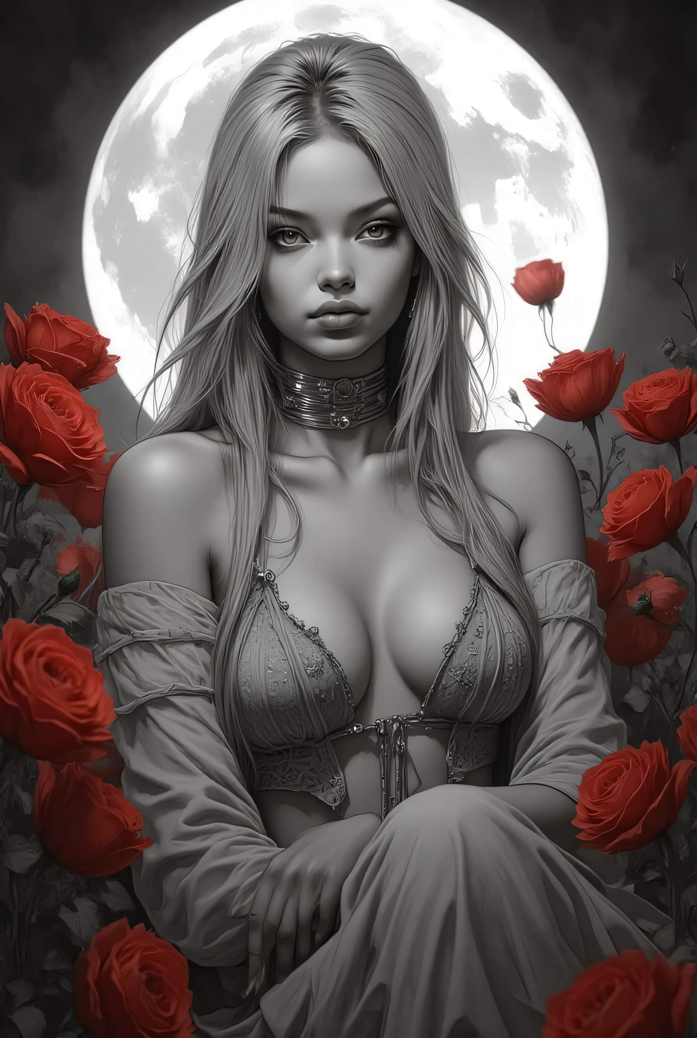 Subject/Composition:
Black and white (monochrome), ultra-detailed, cinematic portrait of:
Un disegno a matita altamente dettagliato e fotorealistico (o ritratto in bianco e nero) ( risalta il rosso dei tulipani ), (score_9, score_8_up, ((highest quality)), ((masterpiece)), perfect anatomy, ultra-detailed, 8k, cinematic, fantasy illustration, Luis Royo style)
Una donna dai lunghi capelli argentei è seduta in mezzo a centinaia di rose rosse ( rosso acceso:1.3) sotto una grande luna piena che illumina la scena con una luce soffusa. Indossa della lingerie scintillante color argento con dettagli luminosi e paillettes che riflettono il bagliore lunare. L’atmosfera è onirica, con una leggera foschia che avvolge i contorni dei fiori. Lo sfondo è notturno, dominato dalla luna imponente, mentre l’espressione della donna trasmette un misto di romanticismo e malinconia. Usa uno stile iperrealistico, con colori vividi(le rose) e contrasti intensi, risoluzione 8K, e un tocco fiabesco e sognante.”
Heavy, smoky makeup, piercing eyes.
Her expression is a sly, confident smile. Chunky choker/chain necklace and a small dangling earring.
Lighting/Style:
High contrast, dramatic chiaroscuro lighting. Strong single light source casting deep shadows, highlighting muscle tone and texture. Ultra-realistic detail, fine film grain, high sharpness. Tense, humid atmosphere.
Styles/Artists:
Photorealism, Cinematic Lighting, Hyperdetailed, Greg Rutkowski, Artgerm, Loish, Blade Runner, Akira, Ghost in the Shell