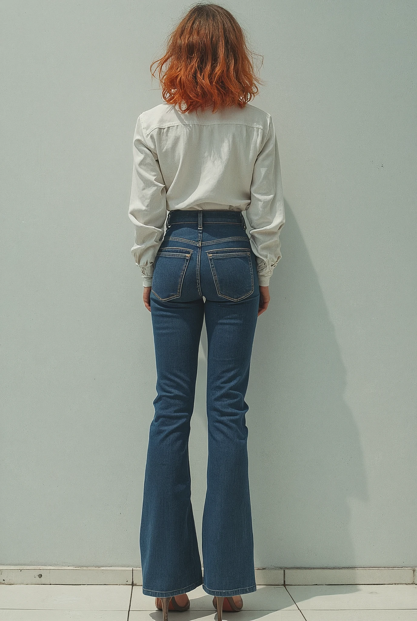 simple social retro adult anime comics illustration, minimalism, non-vanilla submissive needy for sexual release mom, navy blue washed high-waisted sexy extremely tight skinny flared jeans, sensation, attention grabbing composition, sensation, void room, colored hair, white shirt, provocative looks back, heels