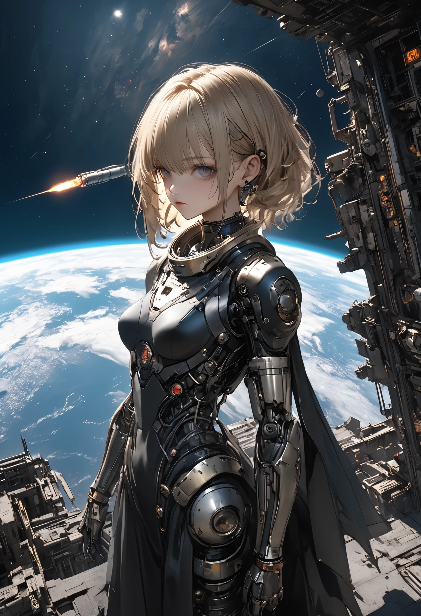 ((The Forgotten Woman Android))，abandoned space station,Ruins on one side，woman standing with her eyes open android,Night sky with a view of the big Earth,Blue Earth，astronauts standing up，((cowboy shot))，comet,meteor、空から降り注ぐmeteor、無数のmeteor群、4k,High Quality,Digital 3D Rendering,Realistic,Inspired by ,dark fantasy,mechanical atmosphere,cinematic,moody lighting,Deep Shadow,Cool color scheme ,listless expression