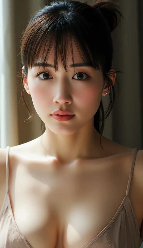 ((Best Quality)), ((masutepiece)), (Cinematic aesthetics:1.4) japanes、A dark-haired、poneyTail、With valley、red bra、White shirt、shot from top、Thick lips、White background