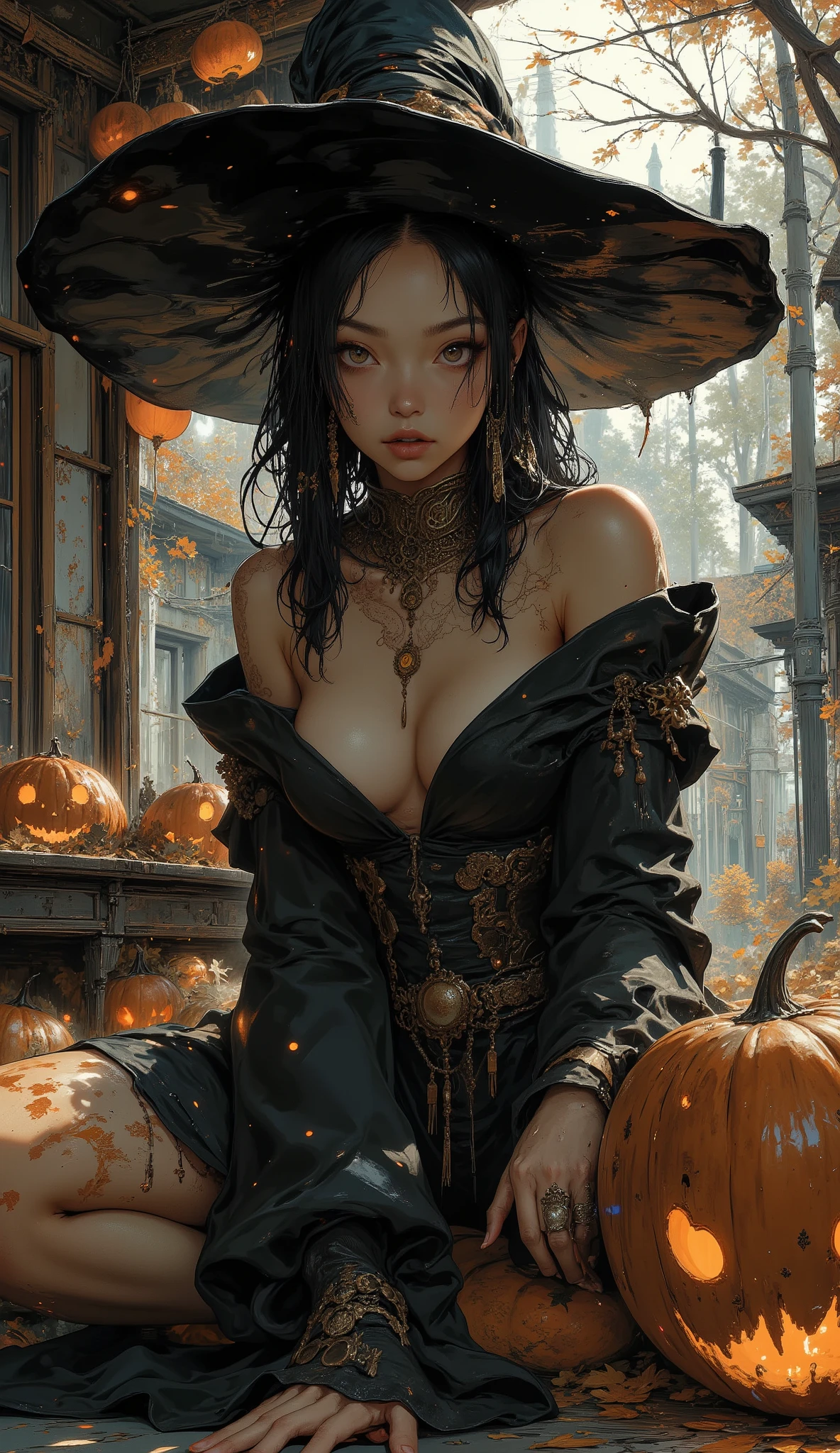 a beautiful witch in a sexy outfit and lounging pose, low angle photograph, jack-o-lanterns,high quality,professional portrait photography,chiaroscuro lighting,dark moody atmosphere,intricate details,cinematic composition,dramatic shadows,autumn colors,haunting,mysterious,Halloween