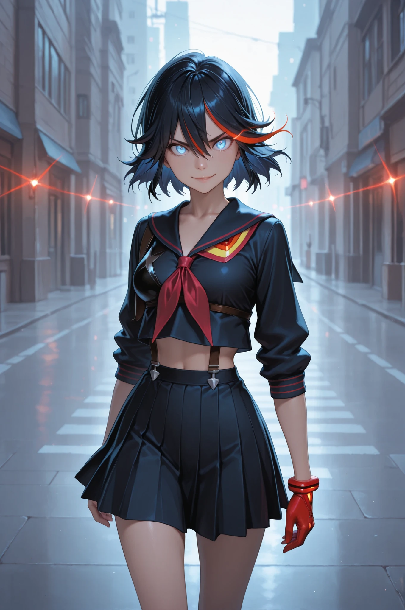 matoi ryuuko, multicolored hair, short hair, black hair, solo, streaked hair, 1girl, multicolored hair, black hair, solo, short hair, blue eyes, red hair, streaked hair, school uniform, midriff, serafuku, gew, glowing eyes, eye trail, the girl is very beautiful, the girl has an incredibly beautiful face, detailed skin image, anatomically accurate ratio, the girl looks directly at the viewer. The girl has a mischievous look, she looks at us with a mischievous smile, girl stands on the street next to the school. Masterpiece, best quality, vibrant, very aesthetic, high contrast, semrealistic, newest,  proper lighting, proper shadows, extremely detailed CG unity 8k wallpaper, perfect lighting, colorful, ultra-high resolution, detailed background, masterpiece, top quality, (masterpiece, detailed:1.2) 